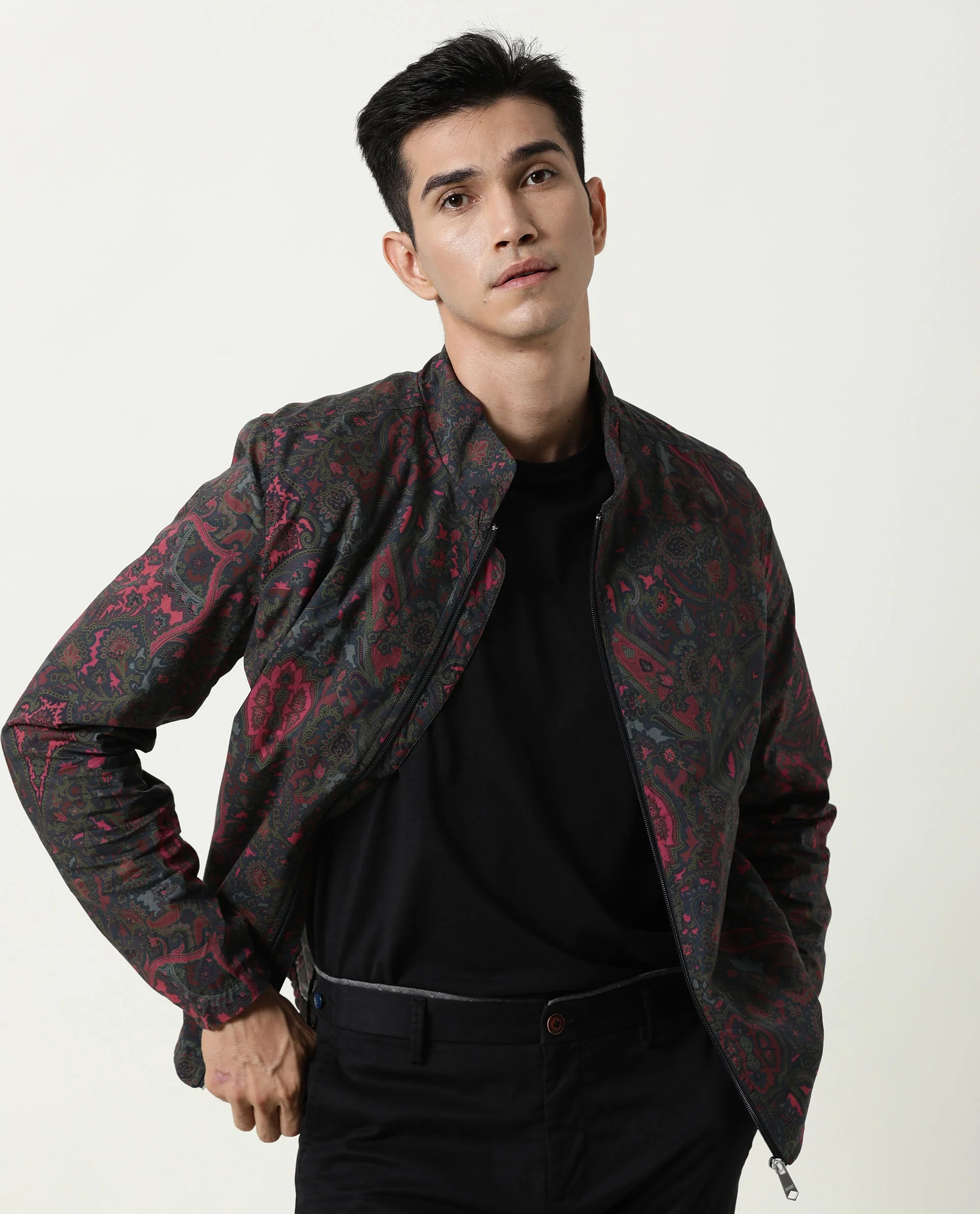 Rare Rabbit Men's Persi Pink Cotton Printed Slim Fit Full Sleeve Mandarin Collar Jacket - Image 4