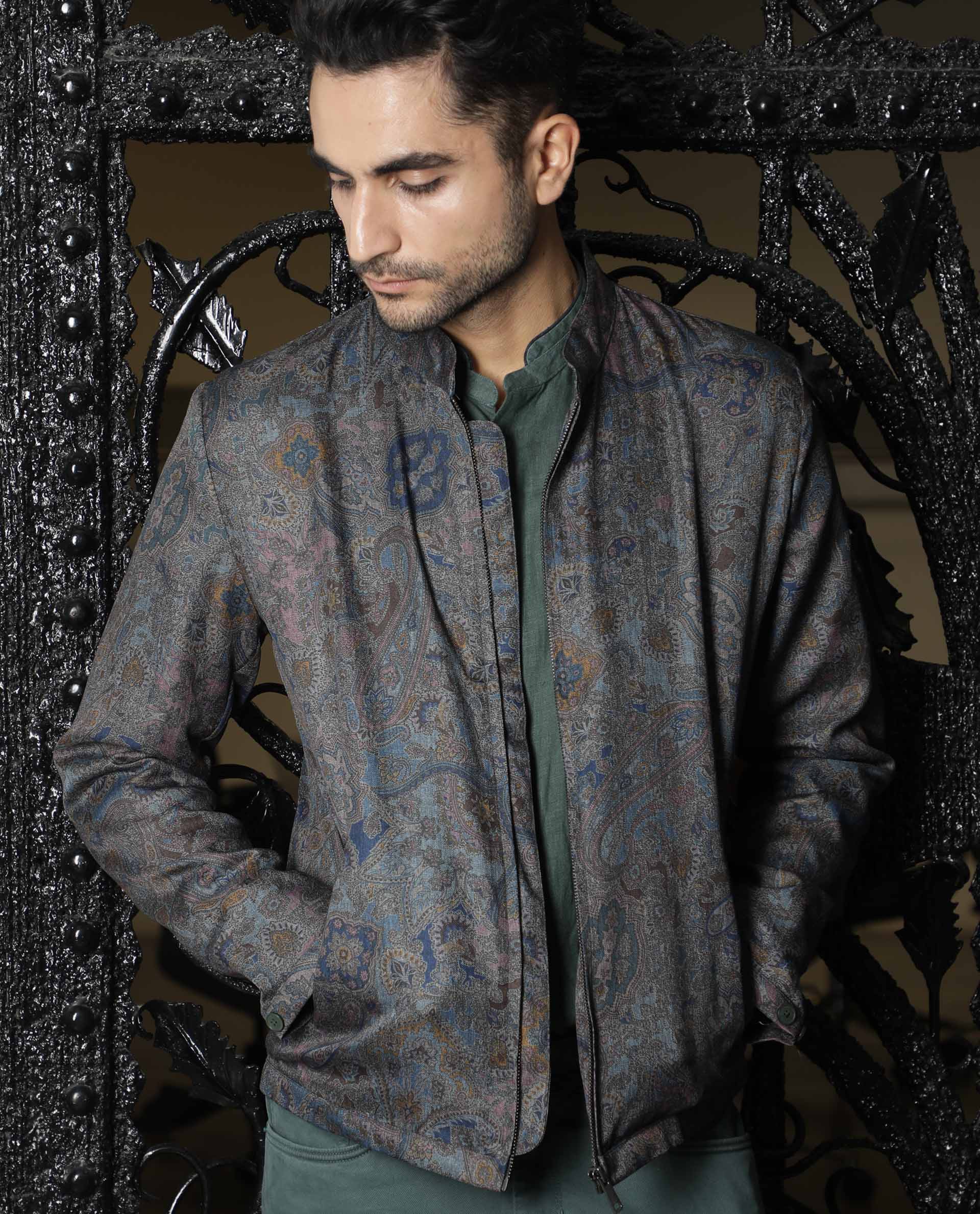 Rare Rabbit Men's Persia Grey Cotton Printed Regular Fit Full Sleeve Spread Collar Jacket