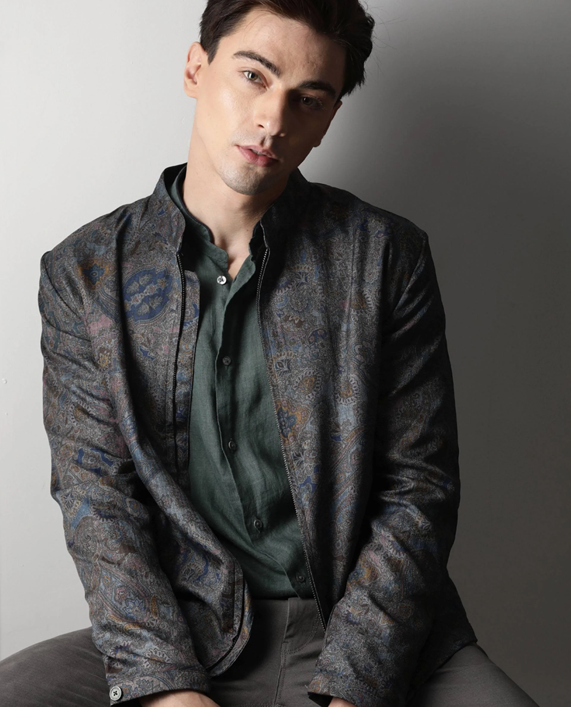 Rare Rabbit Men's Persia Grey Cotton Printed Regular Fit Full Sleeve Spread Collar Jacket - Image 3