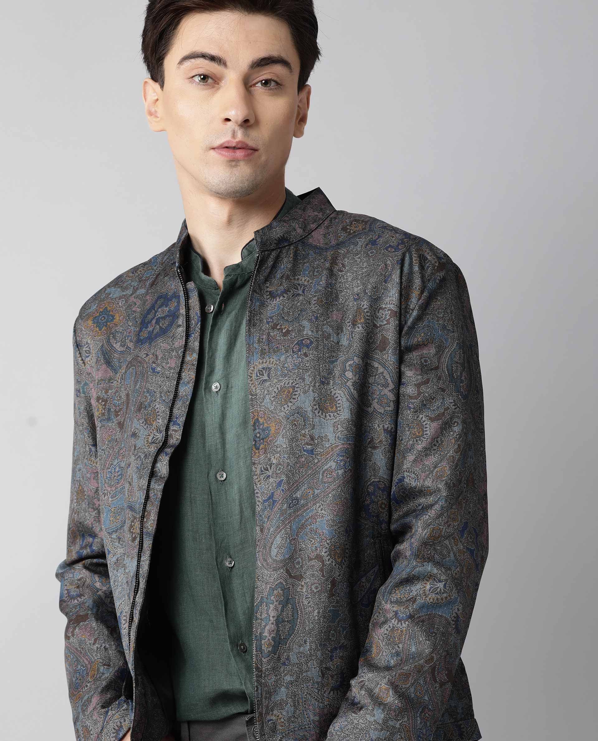 Rare Rabbit Men's Persia Grey Cotton Printed Regular Fit Full Sleeve Spread Collar Jacket - Image 4
