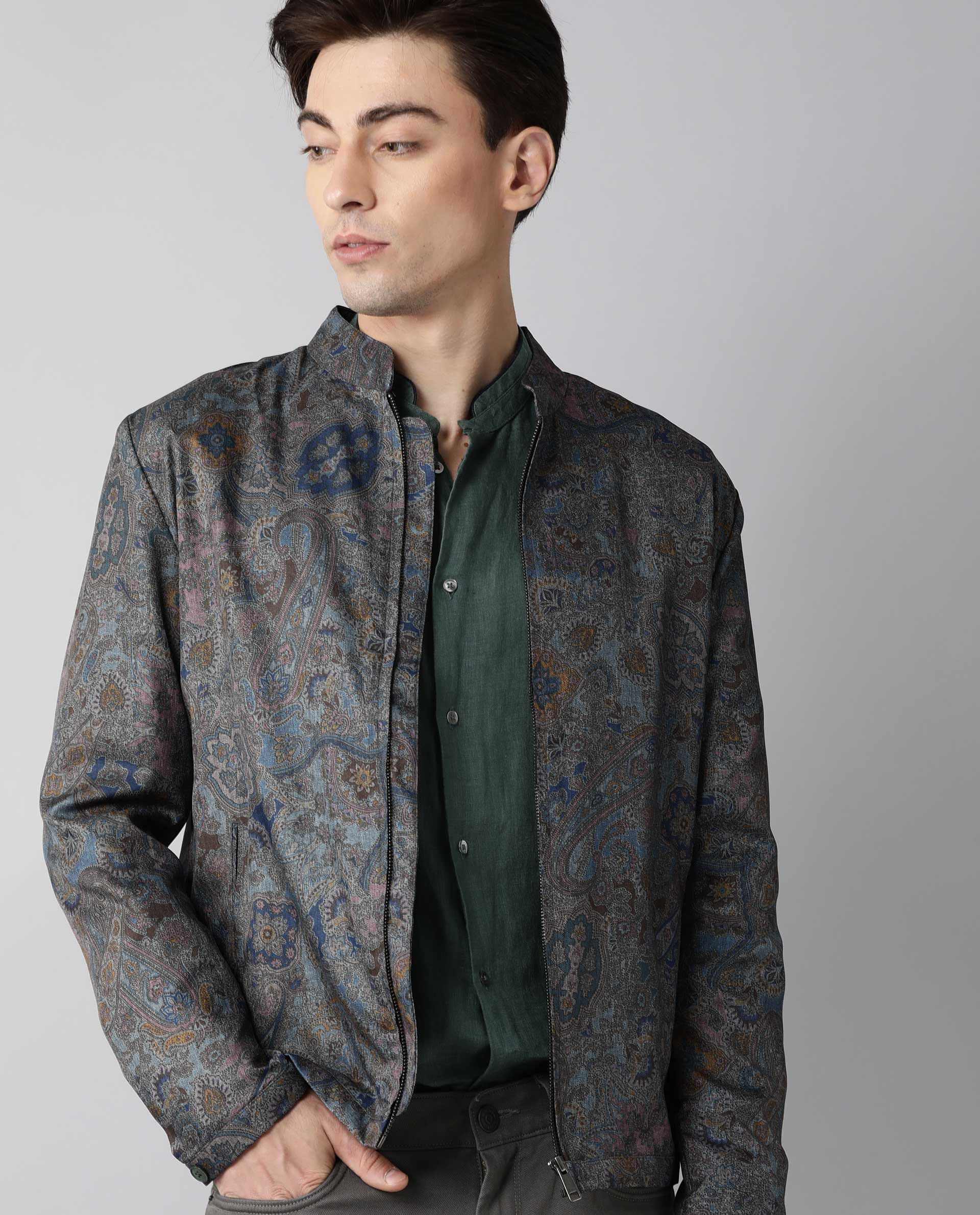 Rare Rabbit Men's Persia Grey Cotton Printed Regular Fit Full Sleeve Spread Collar Jacket - Image 6