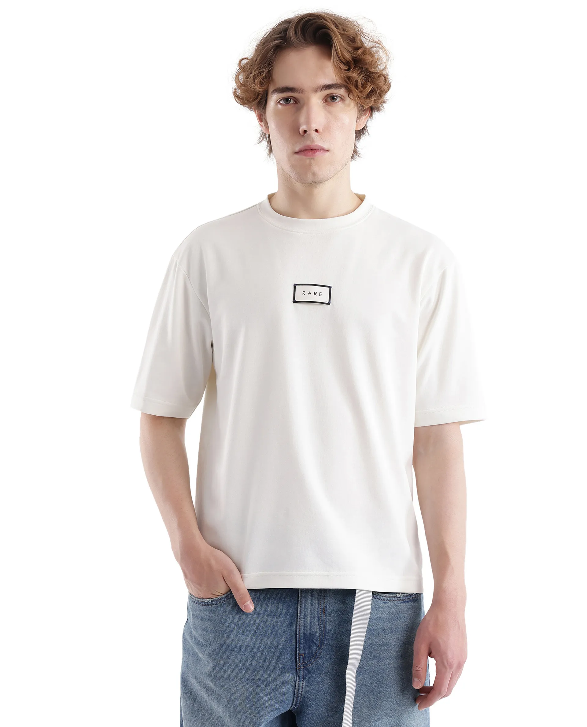 Rare Rabbit Men's Persus Off White Cotton Typography Print Boxy Fit Half Sleeve Crew Neck T-Shirt - Image 4