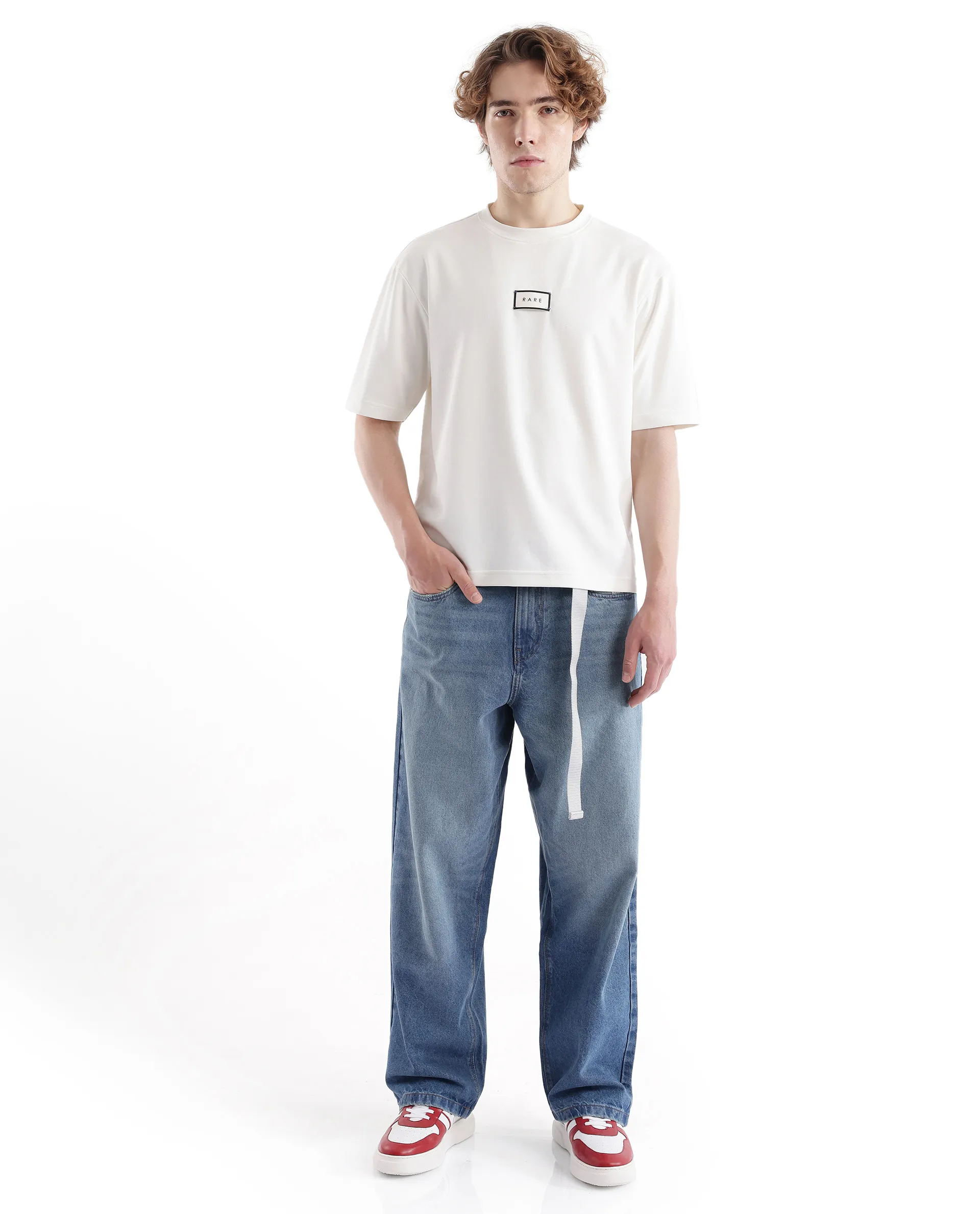 Rare Rabbit Men's Persus Off White Cotton Typography Print Boxy Fit Half Sleeve Crew Neck T-Shirt - Image 5