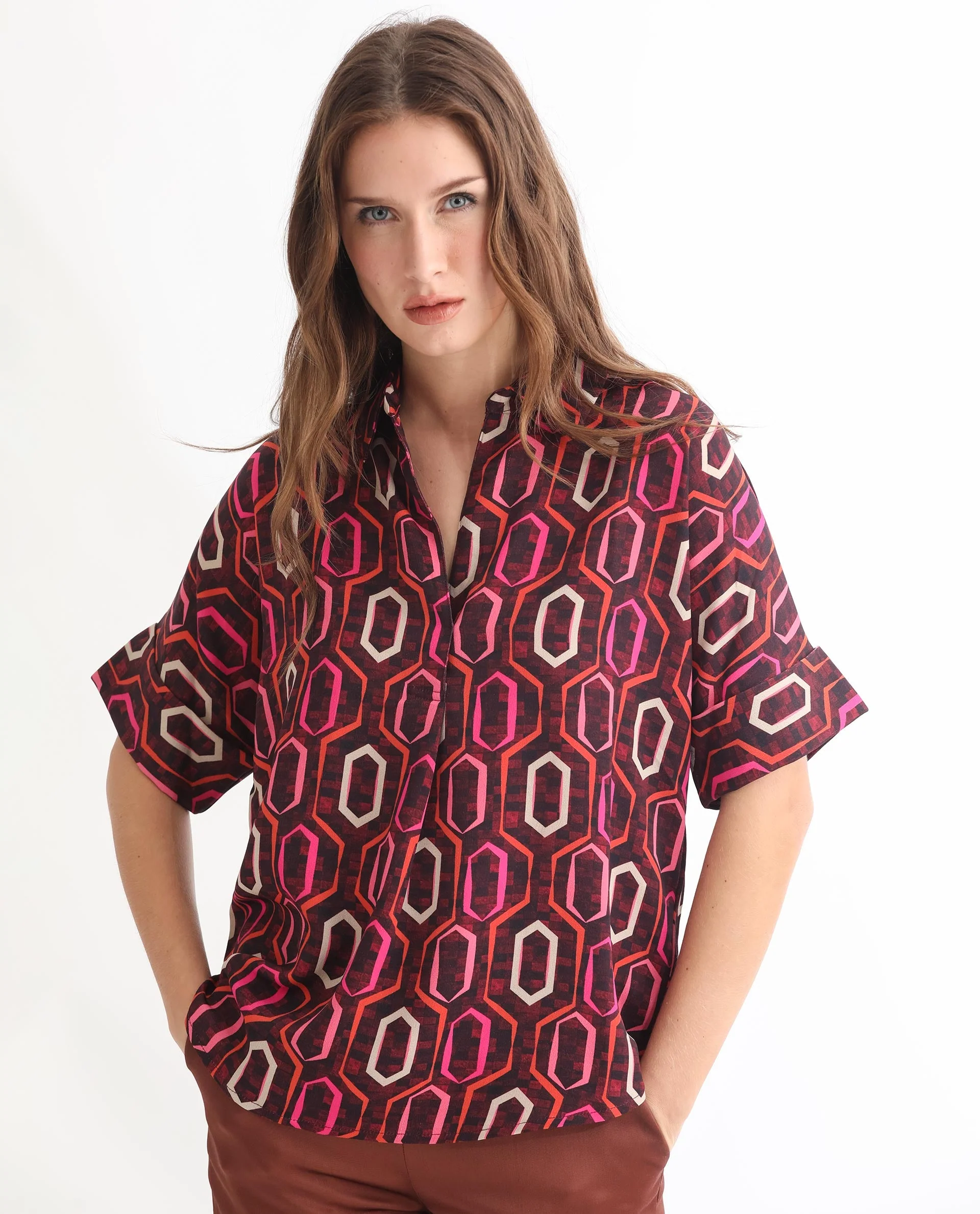 Rareism Women's Peru Brown Polyester Drop Collar Geometric Print Cuffed Sleeve Relaxed Fit Top