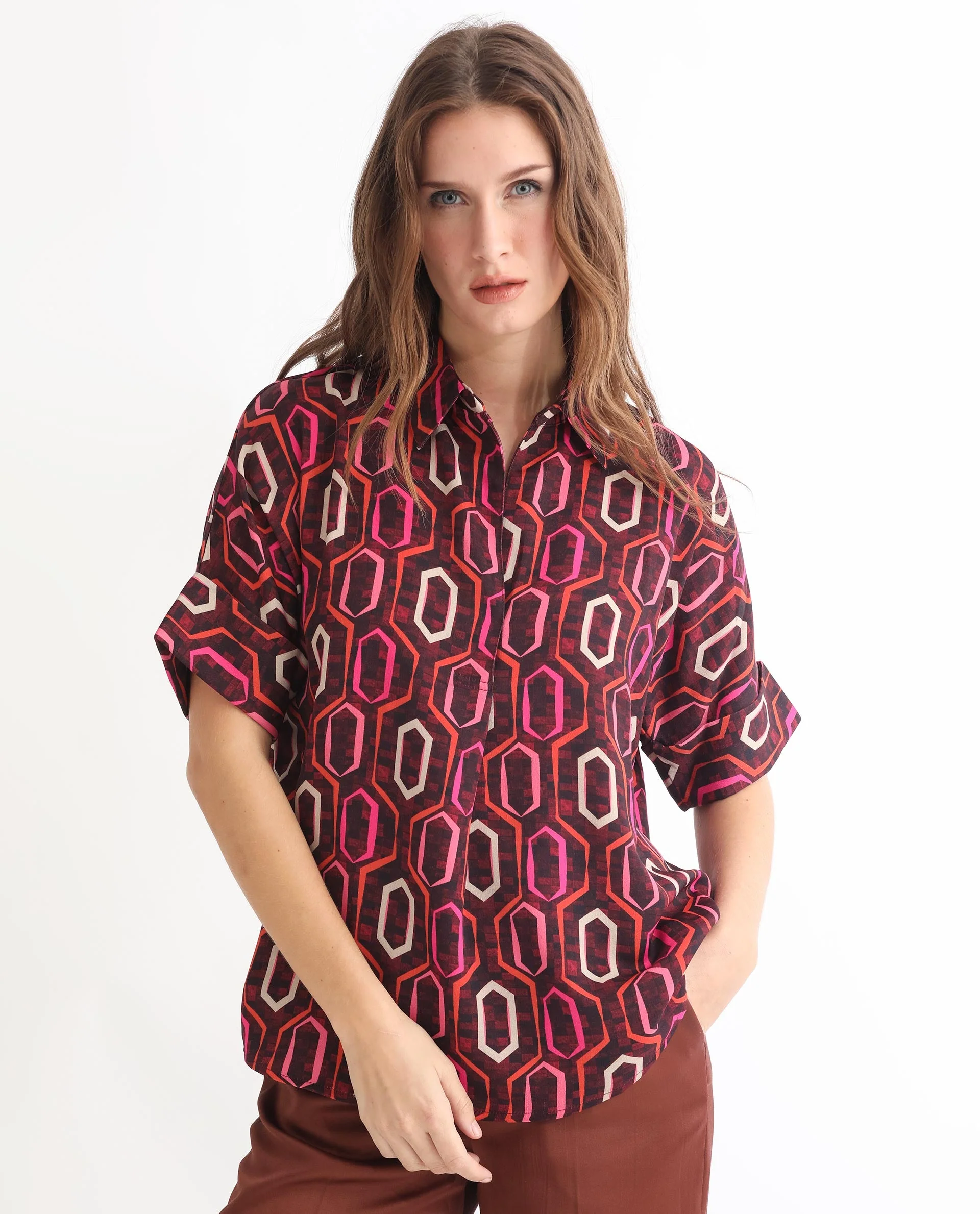 Rareism Women's Peru Brown Polyester Drop Collar Geometric Print Cuffed Sleeve Relaxed Fit Top - Image 10