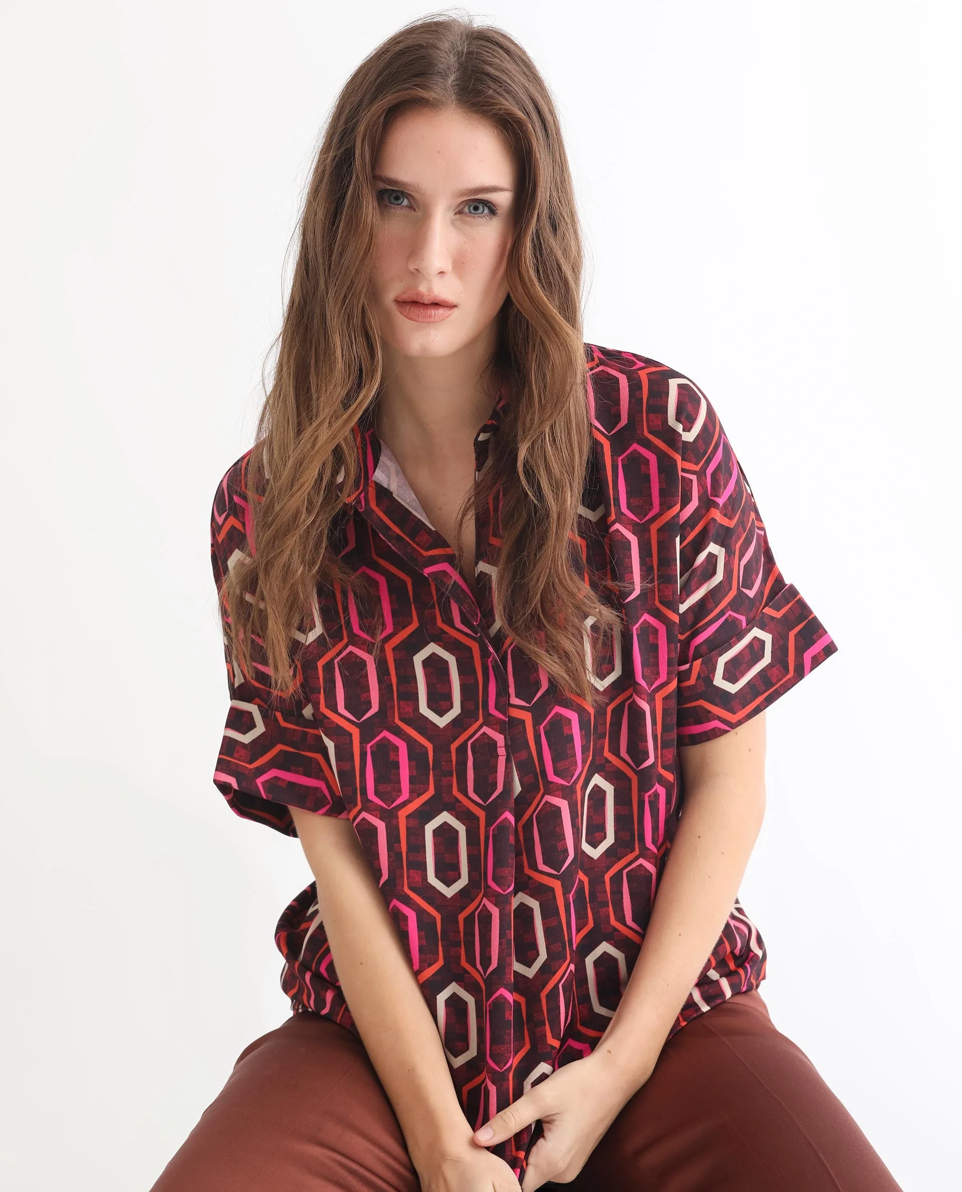 Rareism Women's Peru Brown Polyester Drop Collar Geometric Print Cuffed Sleeve Relaxed Fit Top - Image 11