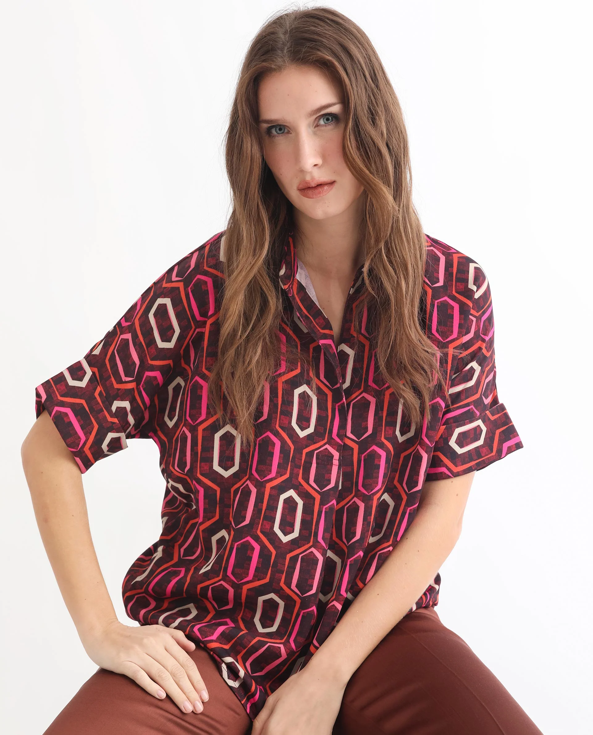 Rareism Women's Peru Brown Polyester Drop Collar Geometric Print Cuffed Sleeve Relaxed Fit Top - Image 12