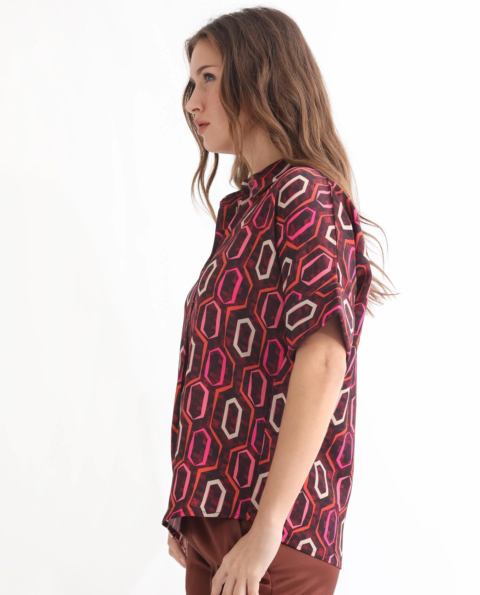 Rareism Women's Peru Brown Polyester Drop Collar Geometric Print Cuffed Sleeve Relaxed Fit Top - Image 14