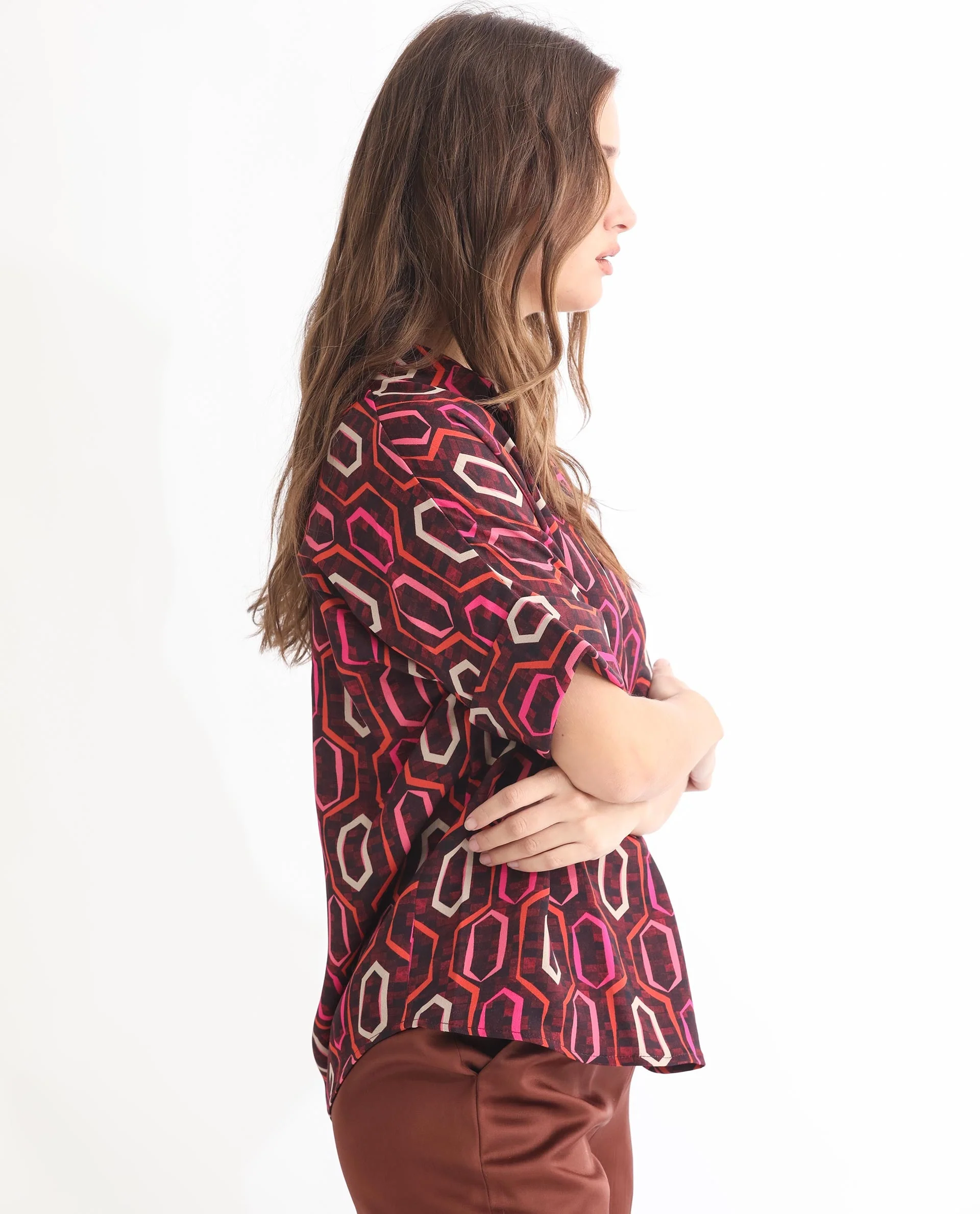 Rareism Women's Peru Brown Polyester Drop Collar Geometric Print Cuffed Sleeve Relaxed Fit Top - Image 15