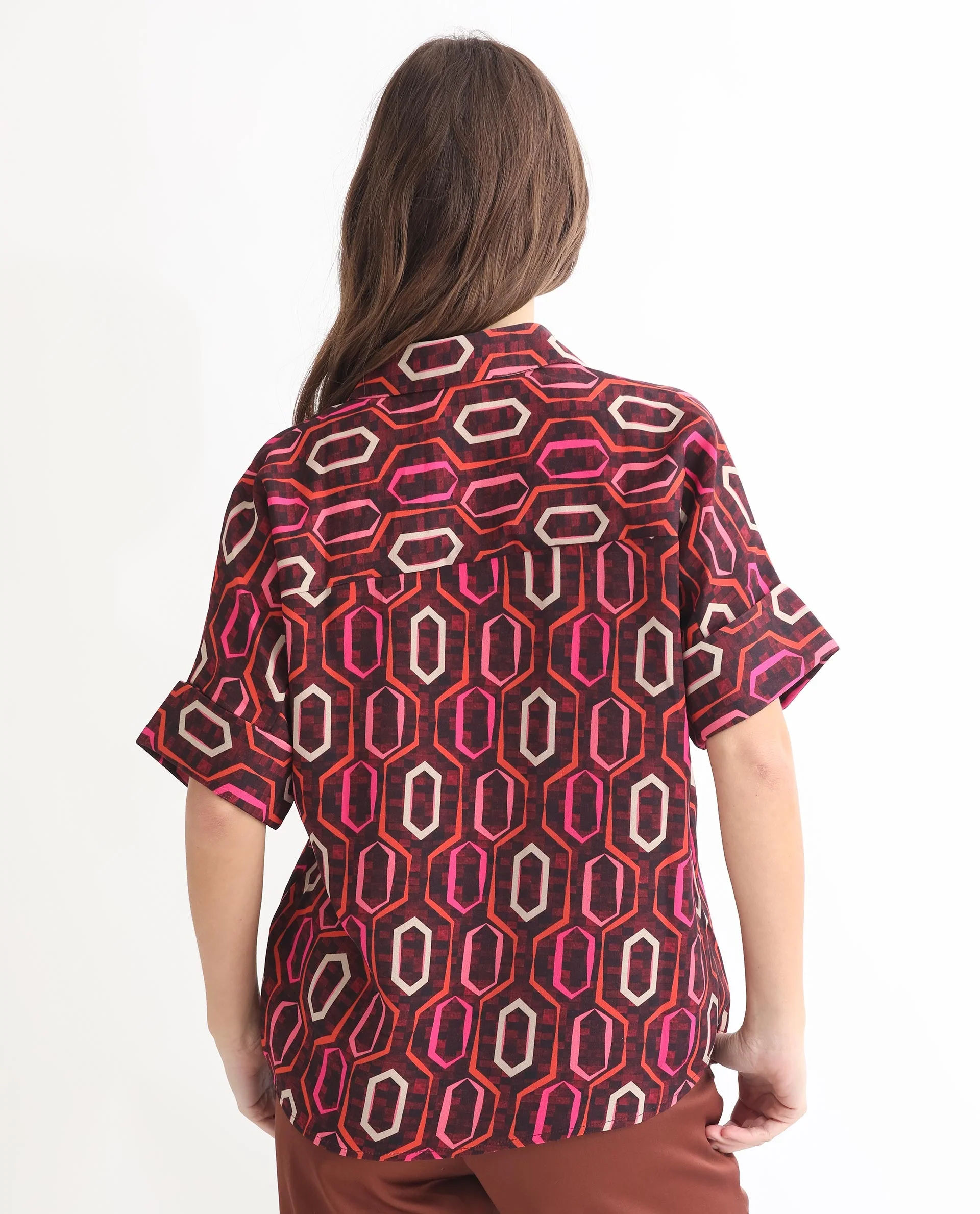 Rareism Women's Peru Brown Polyester Drop Collar Geometric Print Cuffed Sleeve Relaxed Fit Top - Image 16