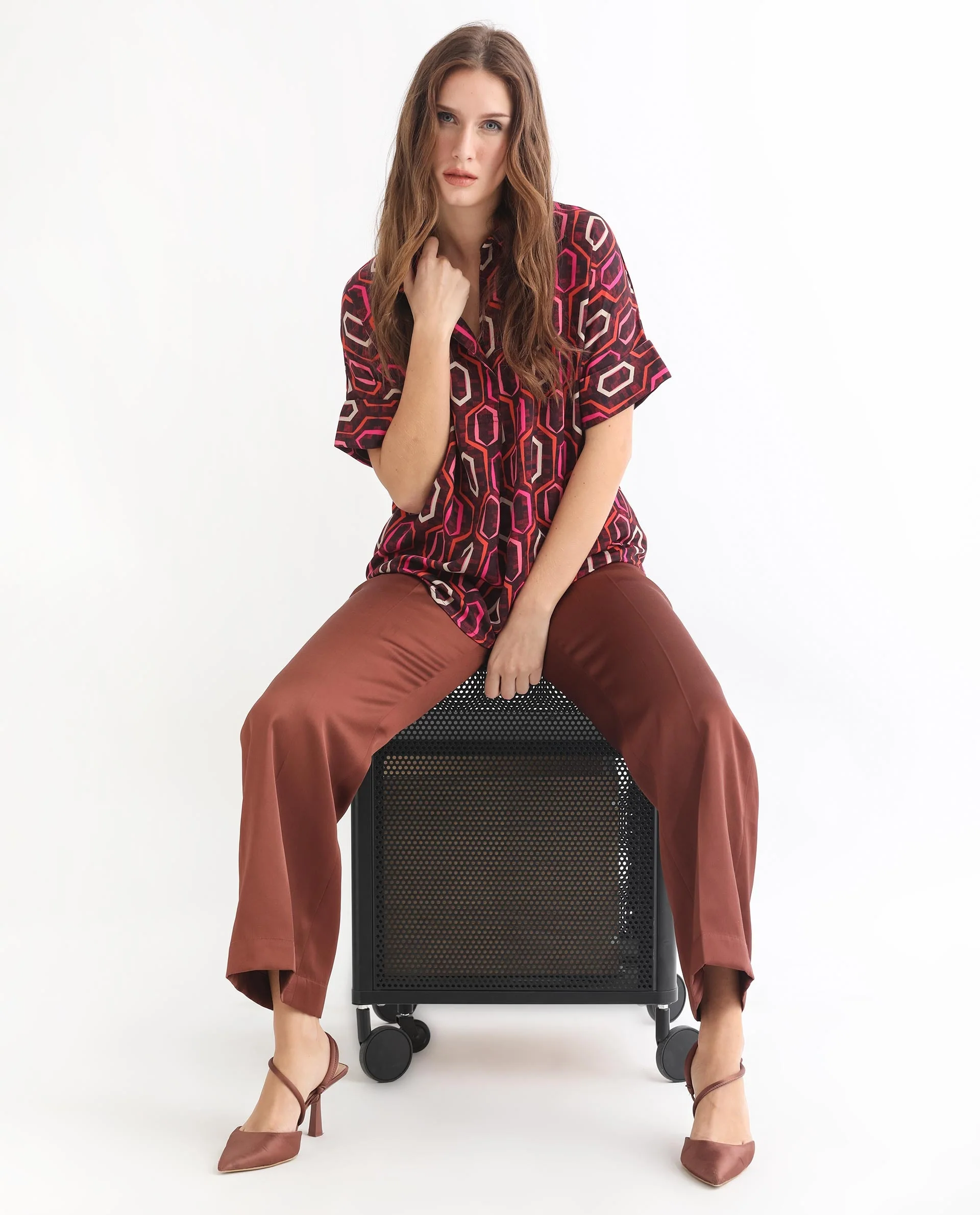 Rareism Women's Peru Brown Polyester Drop Collar Geometric Print Cuffed Sleeve Relaxed Fit Top - Image 2