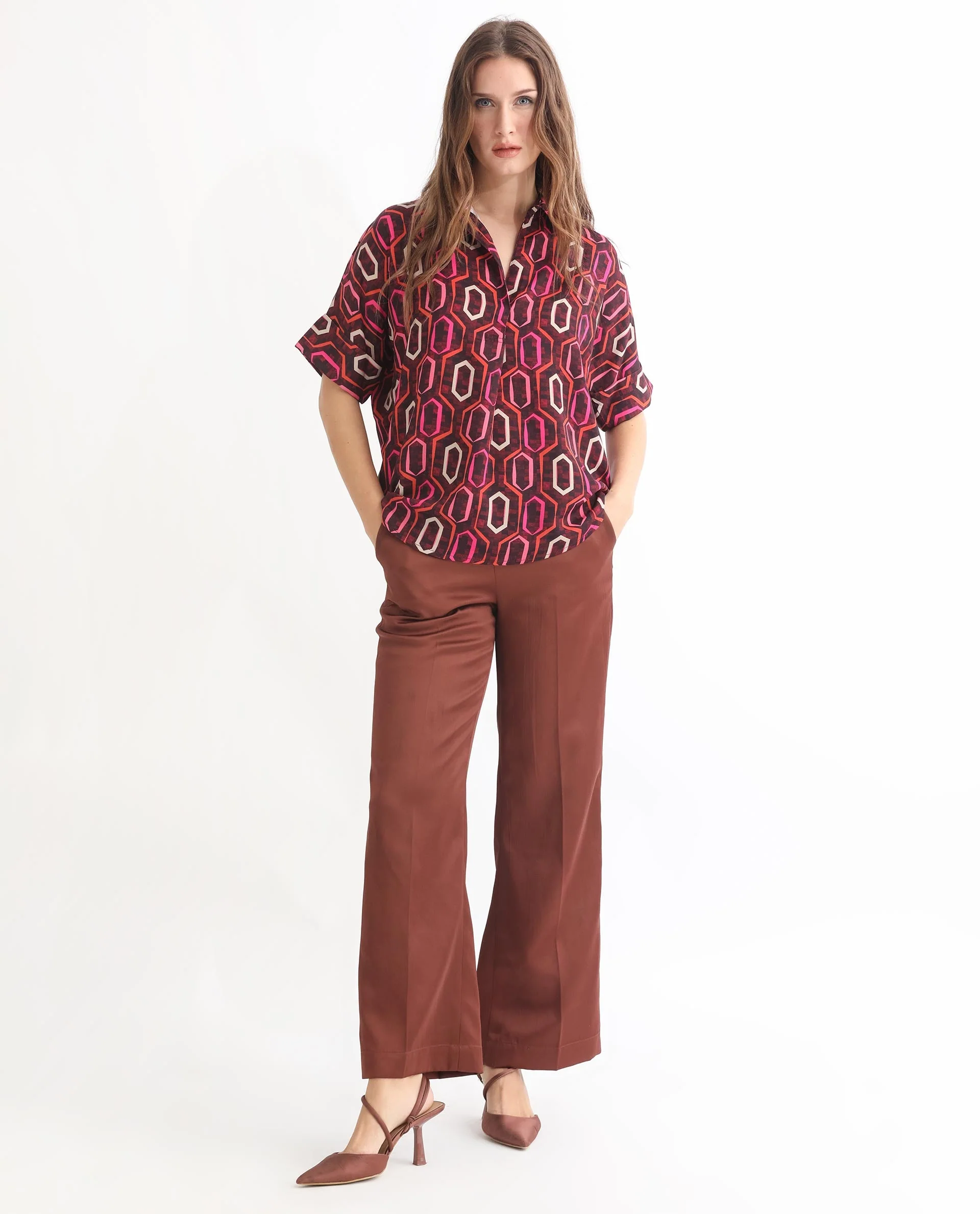 Rareism Women's Peru Brown Polyester Drop Collar Geometric Print Cuffed Sleeve Relaxed Fit Top - Image 3