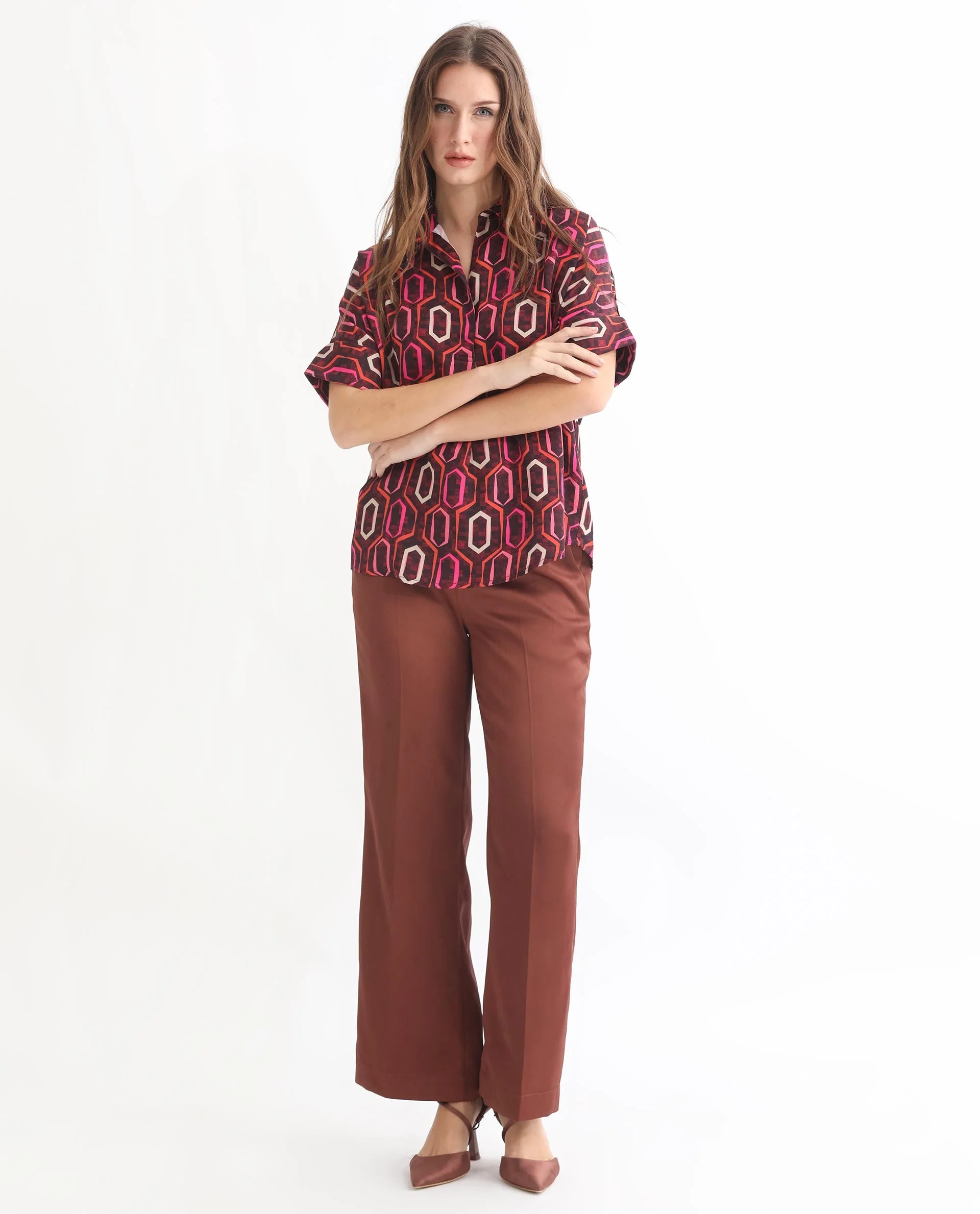 Rareism Women's Peru Brown Polyester Drop Collar Geometric Print Cuffed Sleeve Relaxed Fit Top - Image 4