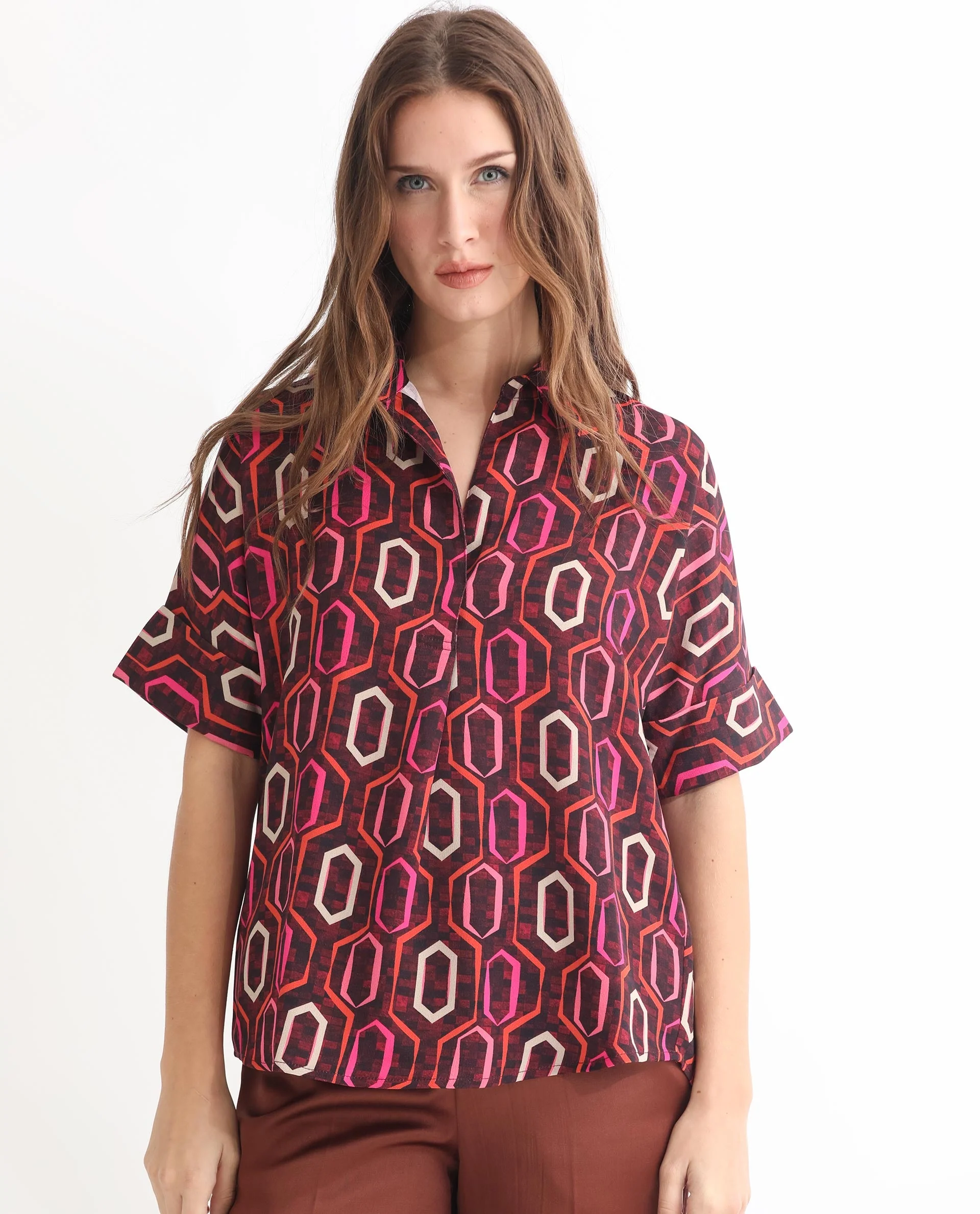 Rareism Women's Peru Brown Polyester Drop Collar Geometric Print Cuffed Sleeve Relaxed Fit Top - Image 5