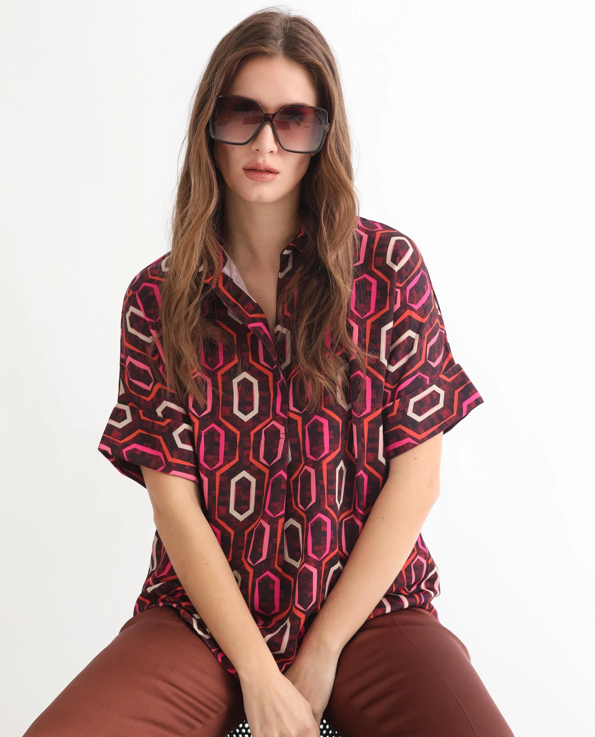 Rareism Women's Peru Brown Polyester Drop Collar Geometric Print Cuffed Sleeve Relaxed Fit Top - Image 6