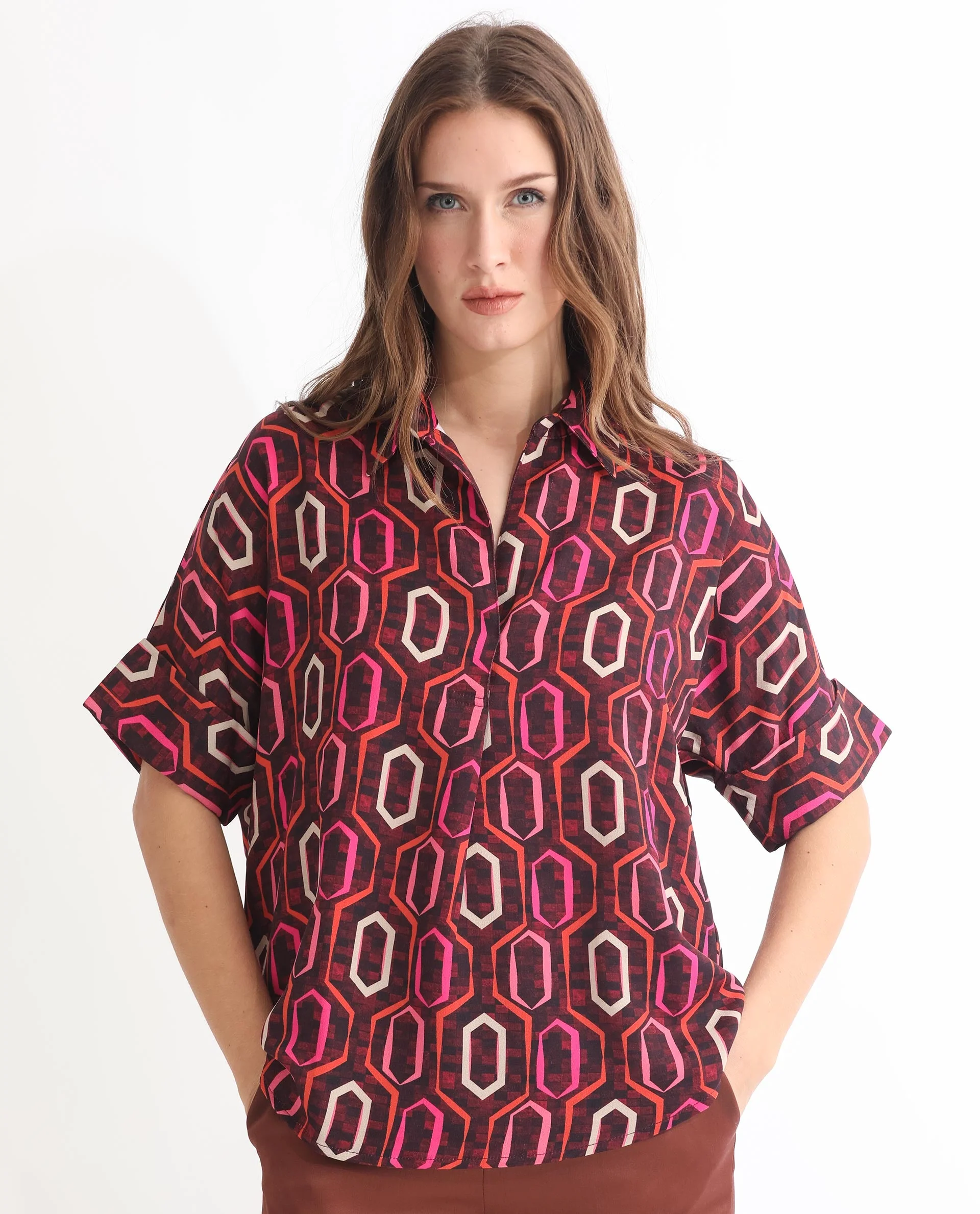 Rareism Women's Peru Brown Polyester Drop Collar Geometric Print Cuffed Sleeve Relaxed Fit Top - Image 7