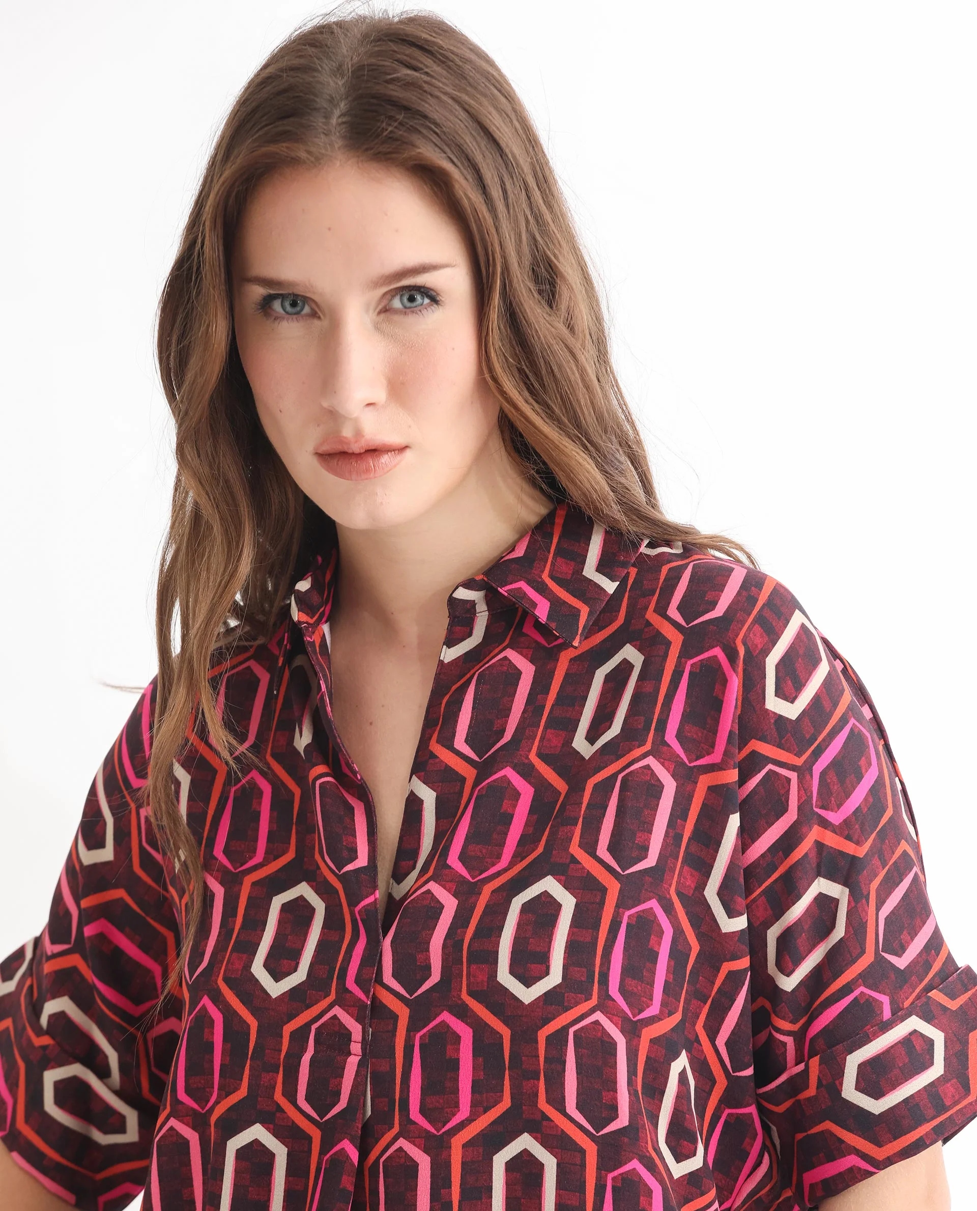 Rareism Women's Peru Brown Polyester Drop Collar Geometric Print Cuffed Sleeve Relaxed Fit Top - Image 8