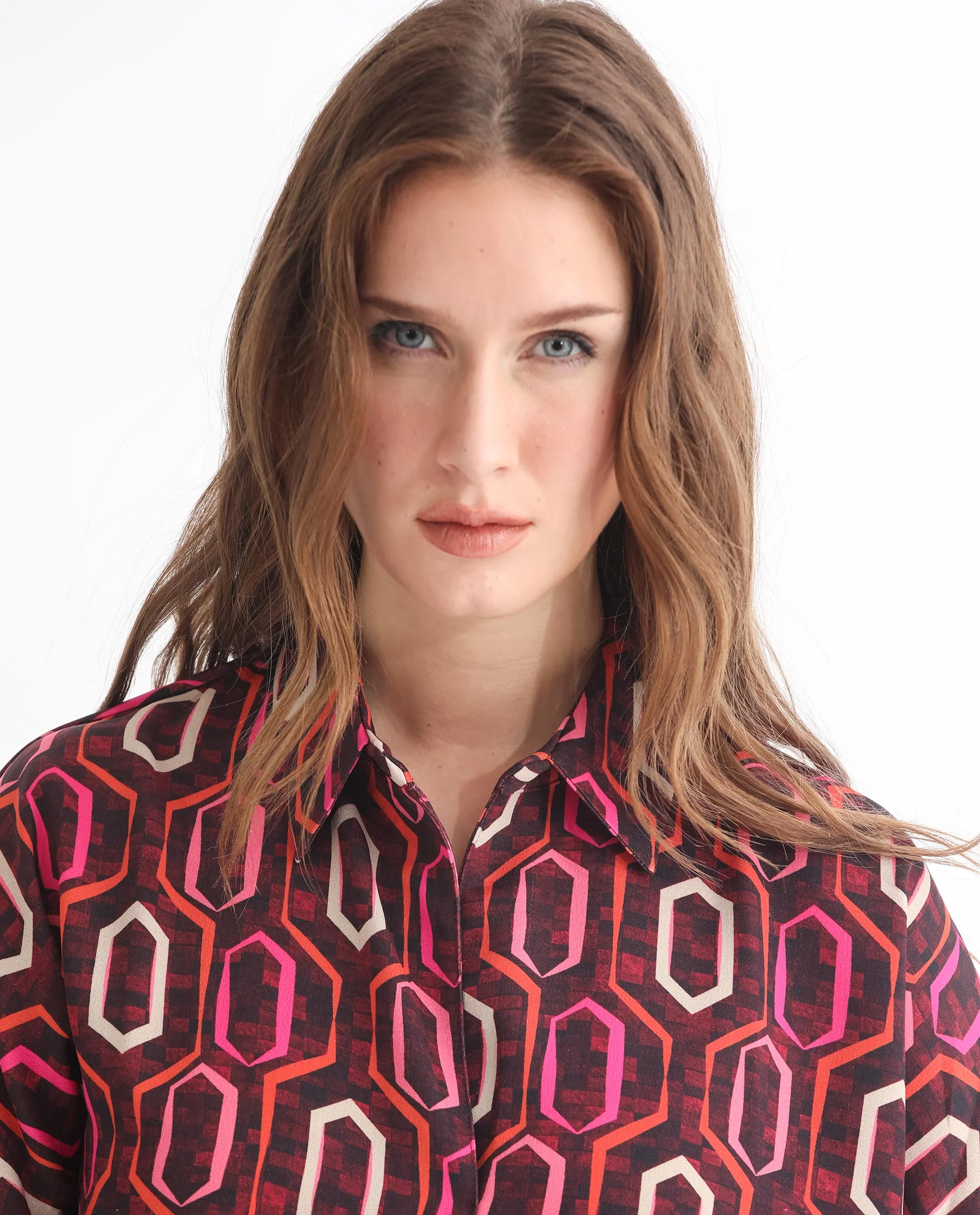 Rareism Women's Peru Brown Polyester Drop Collar Geometric Print Cuffed Sleeve Relaxed Fit Top - Image 9