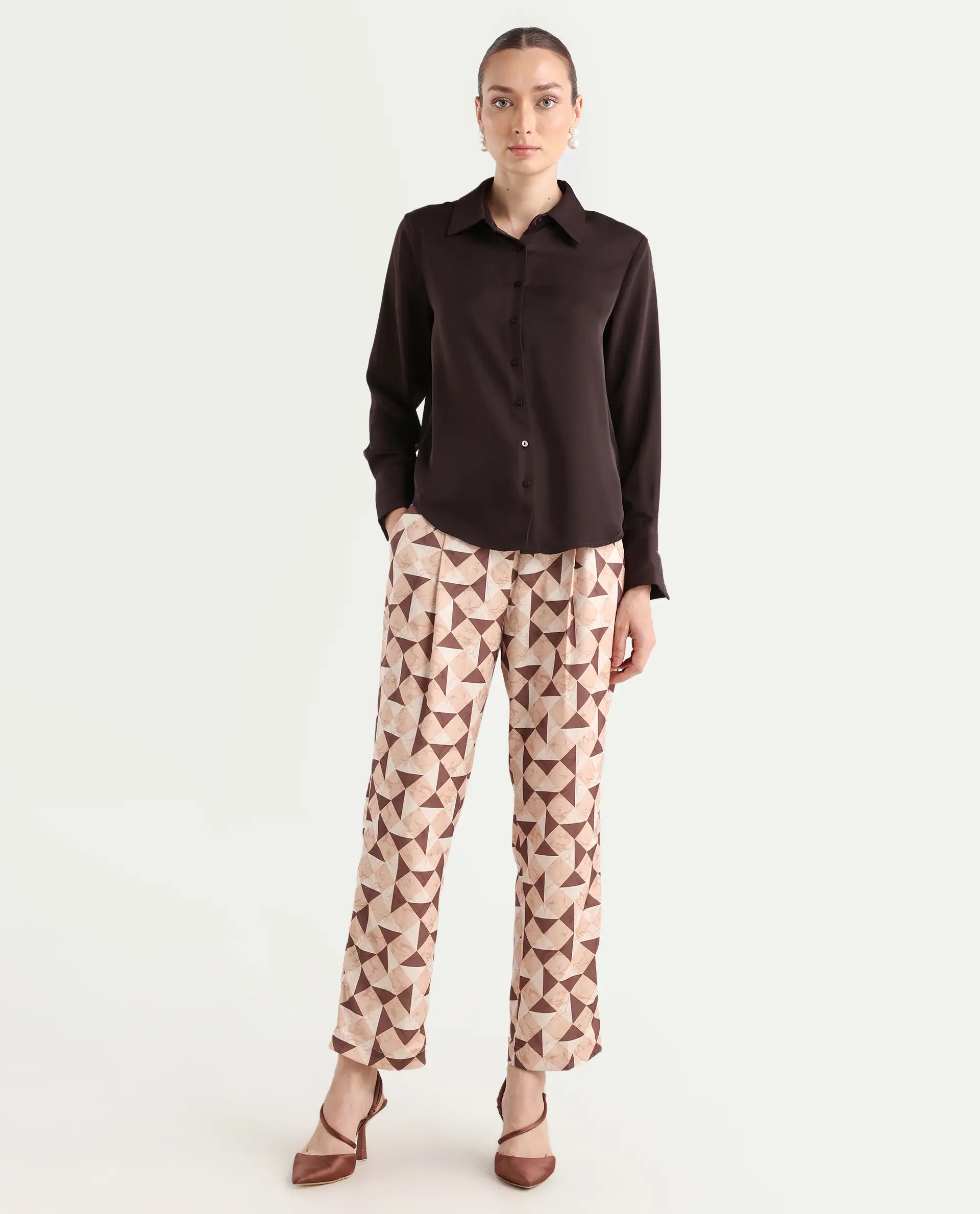 Rareism Women's Perugia Light Brown Polyester Geometric Print Ankle Length Tapered Trouser - Image 3