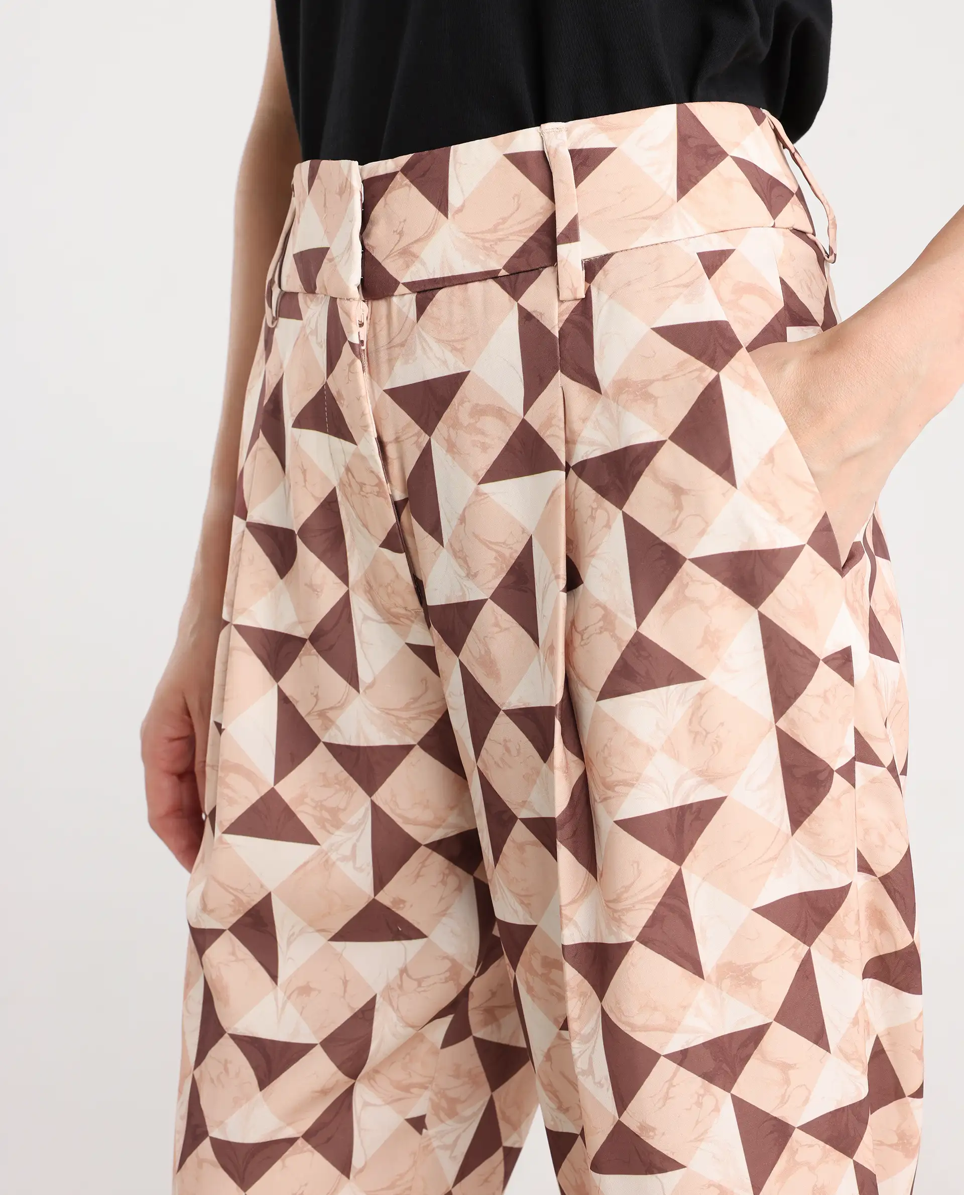 Rareism Women's Perugia Light Brown Polyester Geometric Print Ankle Length Tapered Trouser - Image 6