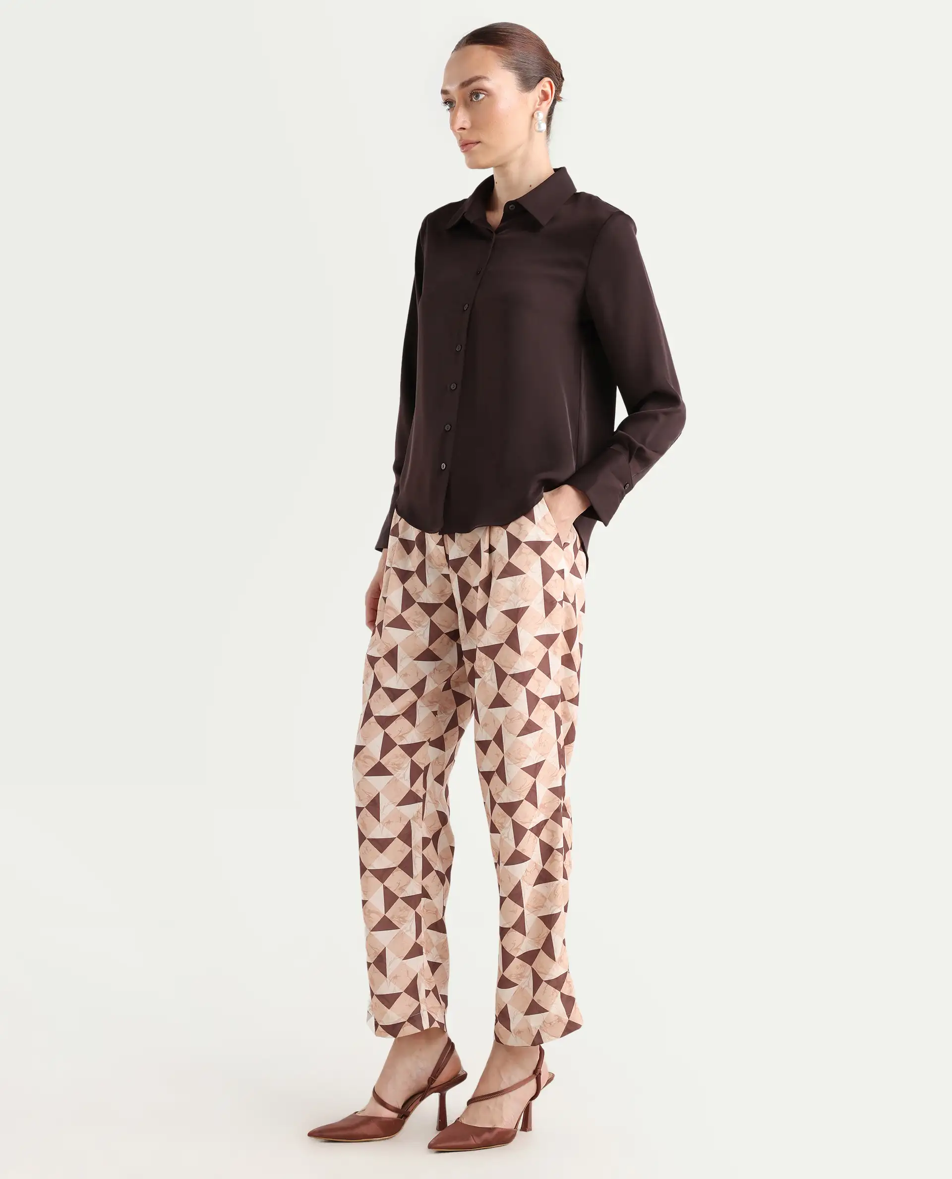 Rareism Women's Perugia Light Brown Polyester Geometric Print Ankle Length Tapered Trouser - Image 7