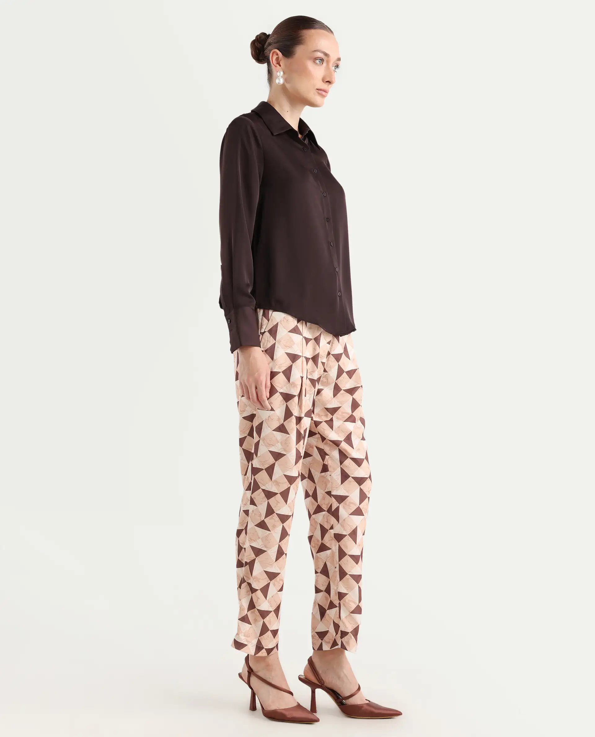 Rareism Women's Perugia Light Brown Polyester Geometric Print Ankle Length Tapered Trouser - Image 8