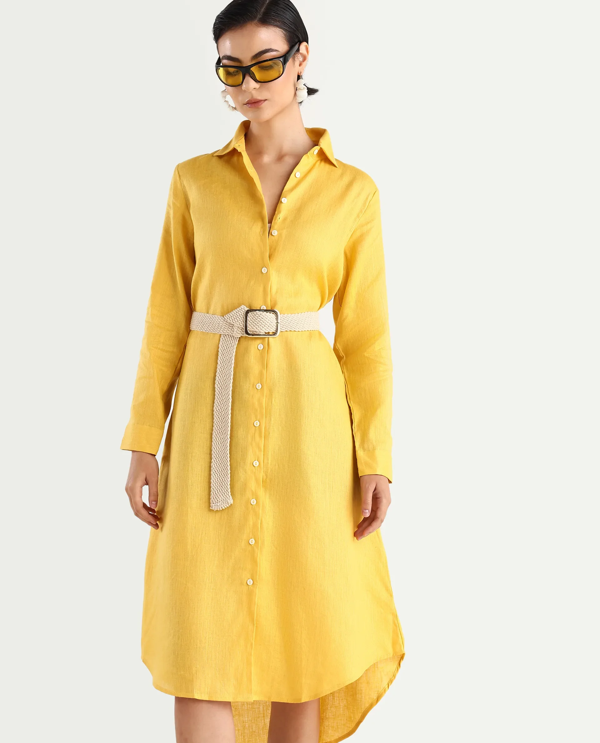 Rareism Women's Peruvian Yellow Cotton Linen Drop Collar Plain Cuffed Sleeve Midi A-Line Dress - Image 2