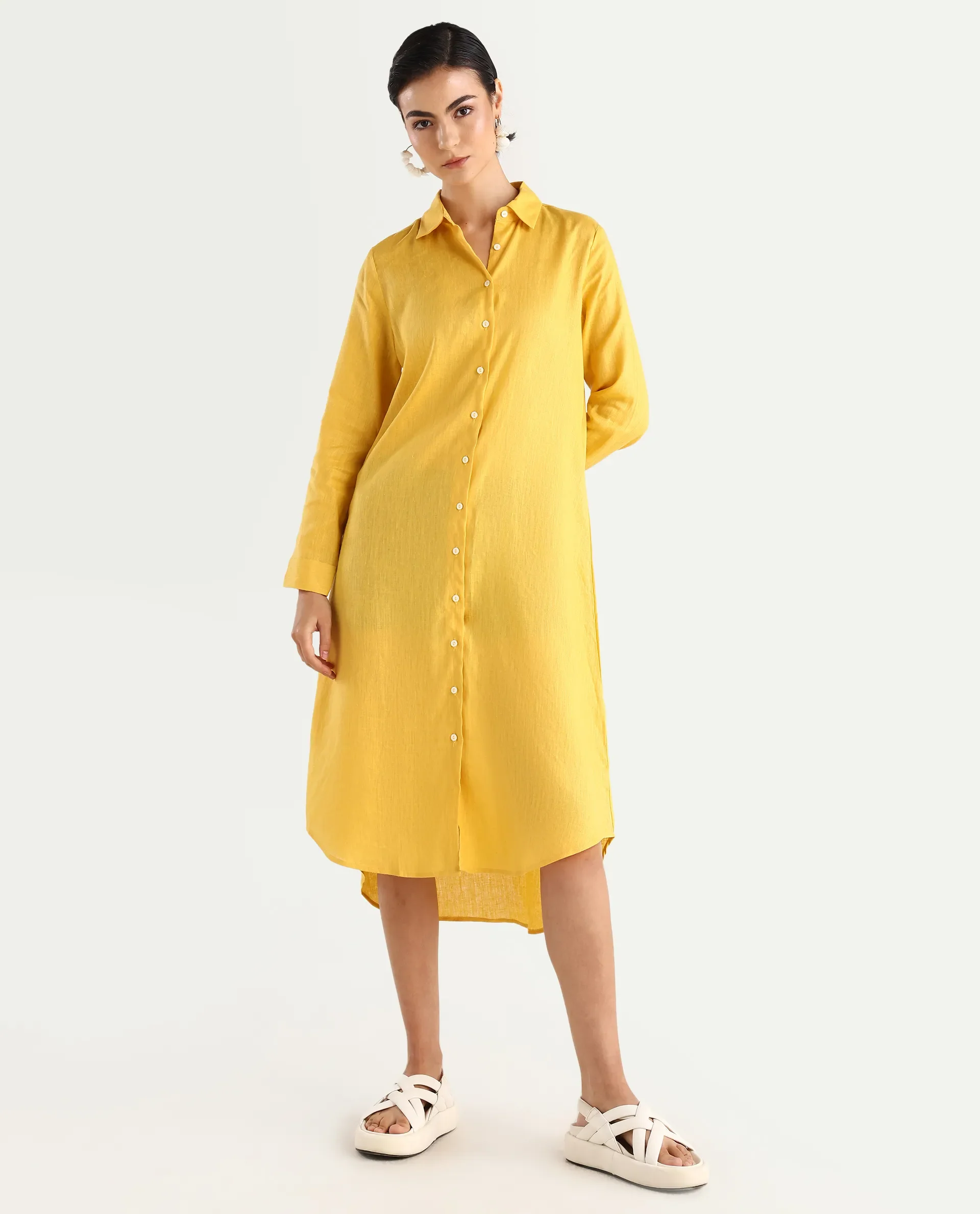 Rareism Women's Peruvian Yellow Cotton Linen Drop Collar Plain Cuffed Sleeve Midi A-Line Dress - Image 3