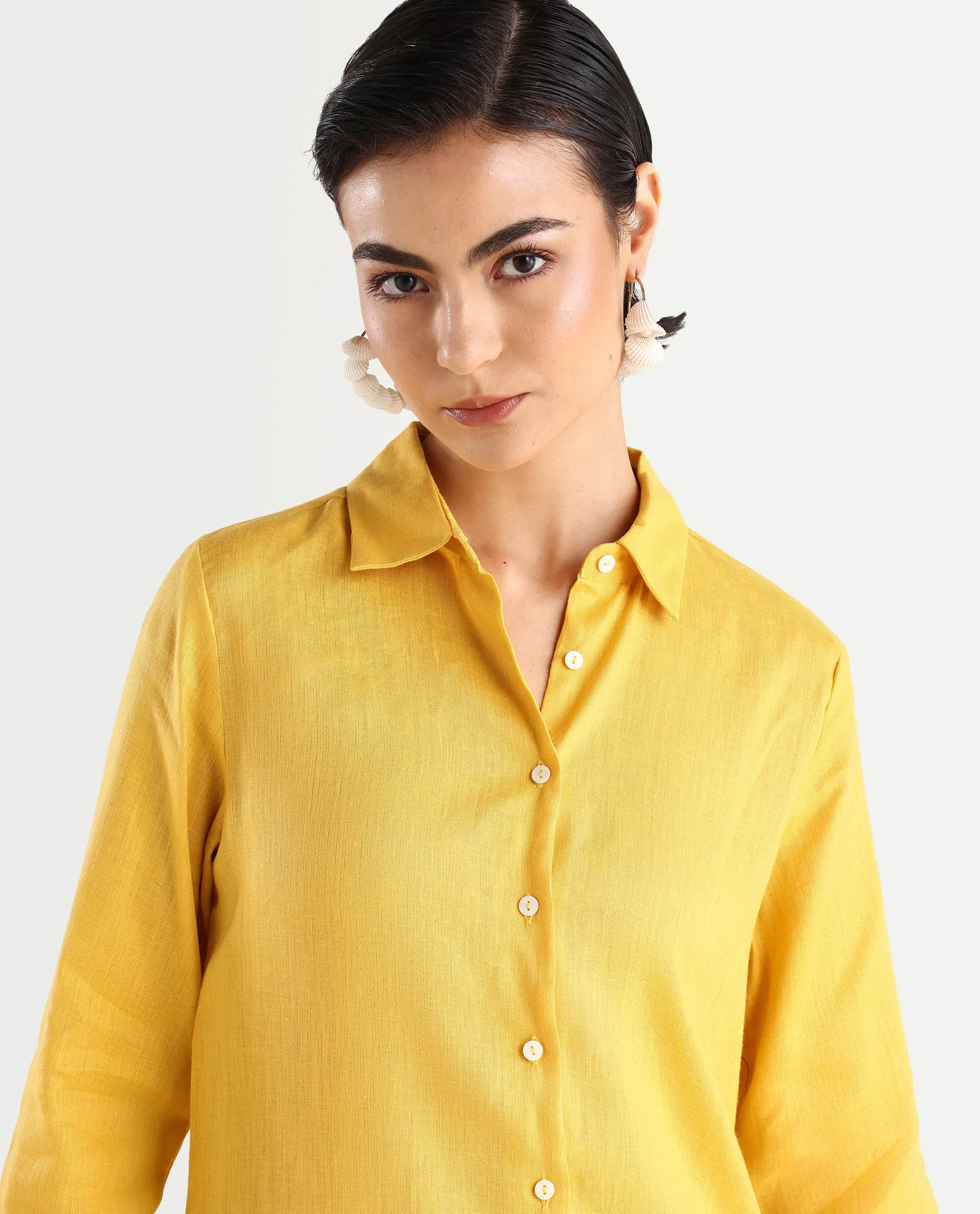Rareism Women's Peruvian Yellow Cotton Linen Drop Collar Plain Cuffed Sleeve Midi A-Line Dress - Image 4
