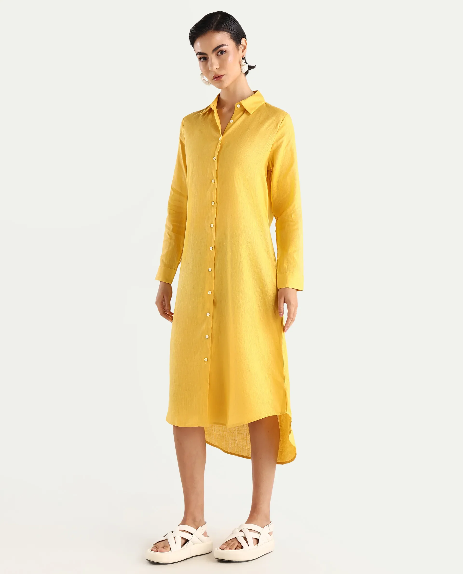 Rareism Women's Peruvian Yellow Cotton Linen Drop Collar Plain Cuffed Sleeve Midi A-Line Dress - Image 5