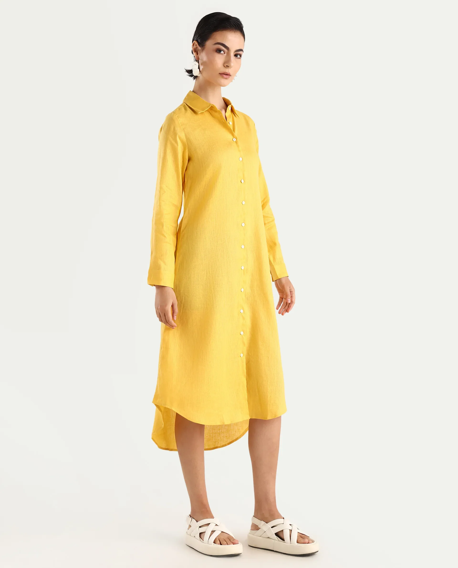 Rareism Women's Peruvian Yellow Cotton Linen Drop Collar Plain Cuffed Sleeve Midi A-Line Dress - Image 6