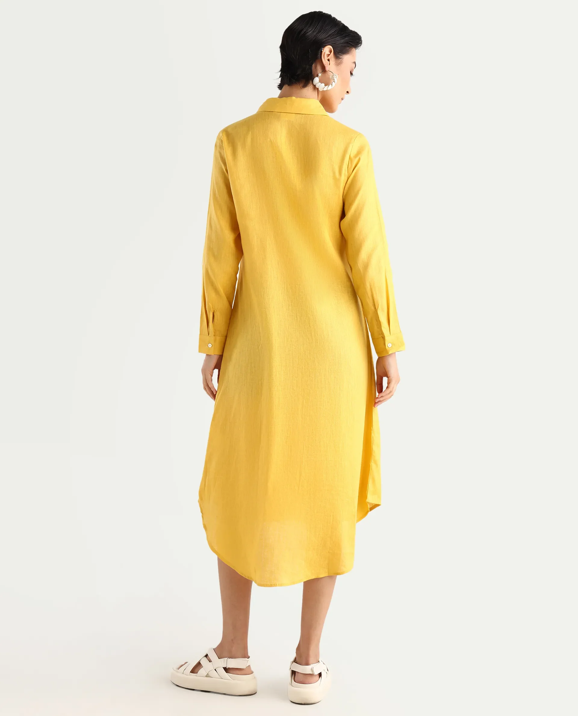 Rareism Women's Peruvian Yellow Cotton Linen Drop Collar Plain Cuffed Sleeve Midi A-Line Dress - Image 7