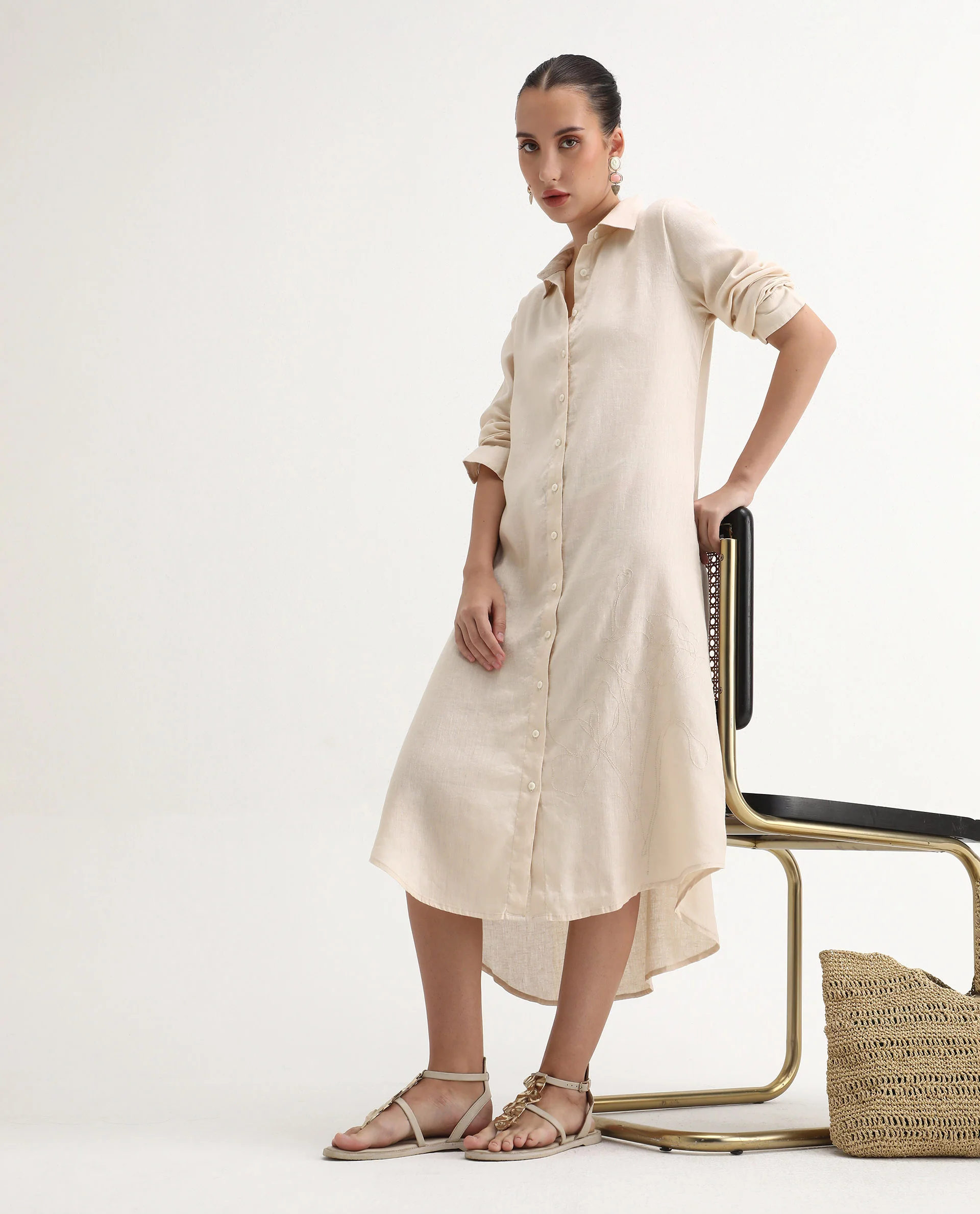 Rareism Women's Peruviano Beige Cotton Blend Drop Collar Plain Cuffed Sleeve Midi A-Line Dress - Image 2