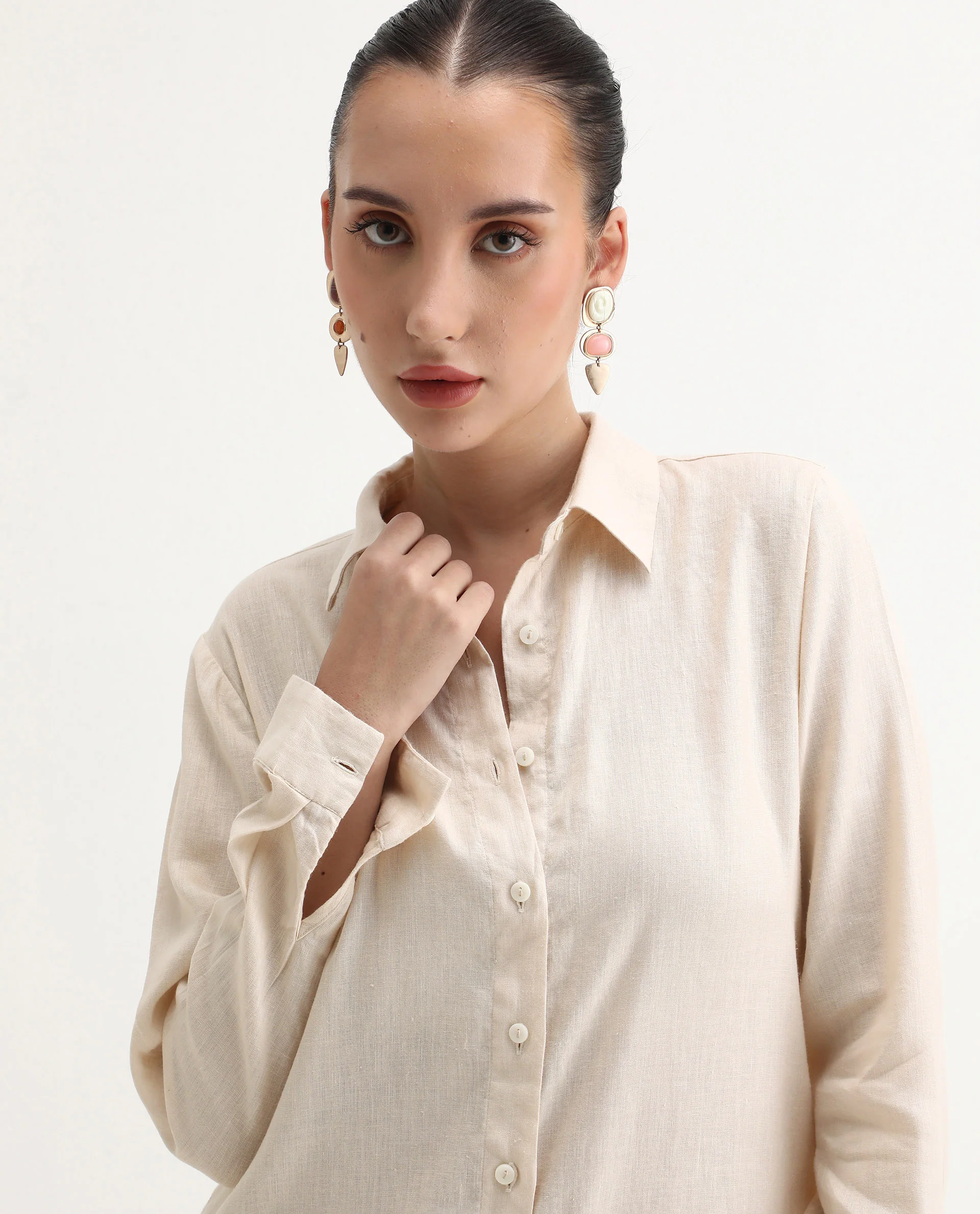 Rareism Women's Peruviano Beige Cotton Blend Drop Collar Plain Cuffed Sleeve Midi A-Line Dress - Image 3