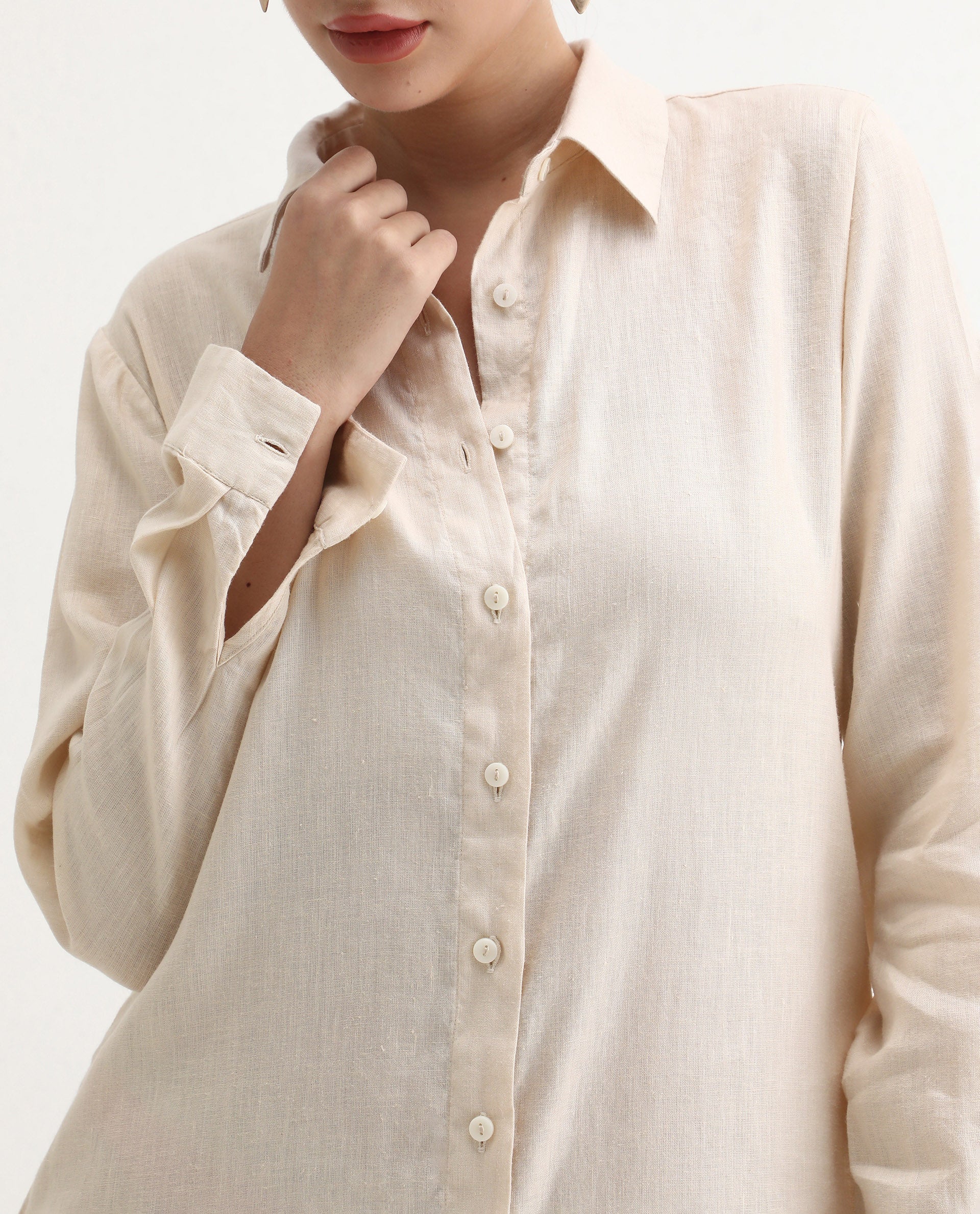 Rareism Women's Peruviano Beige Cotton Blend Drop Collar Plain Cuffed Sleeve Midi A-Line Dress - Image 4