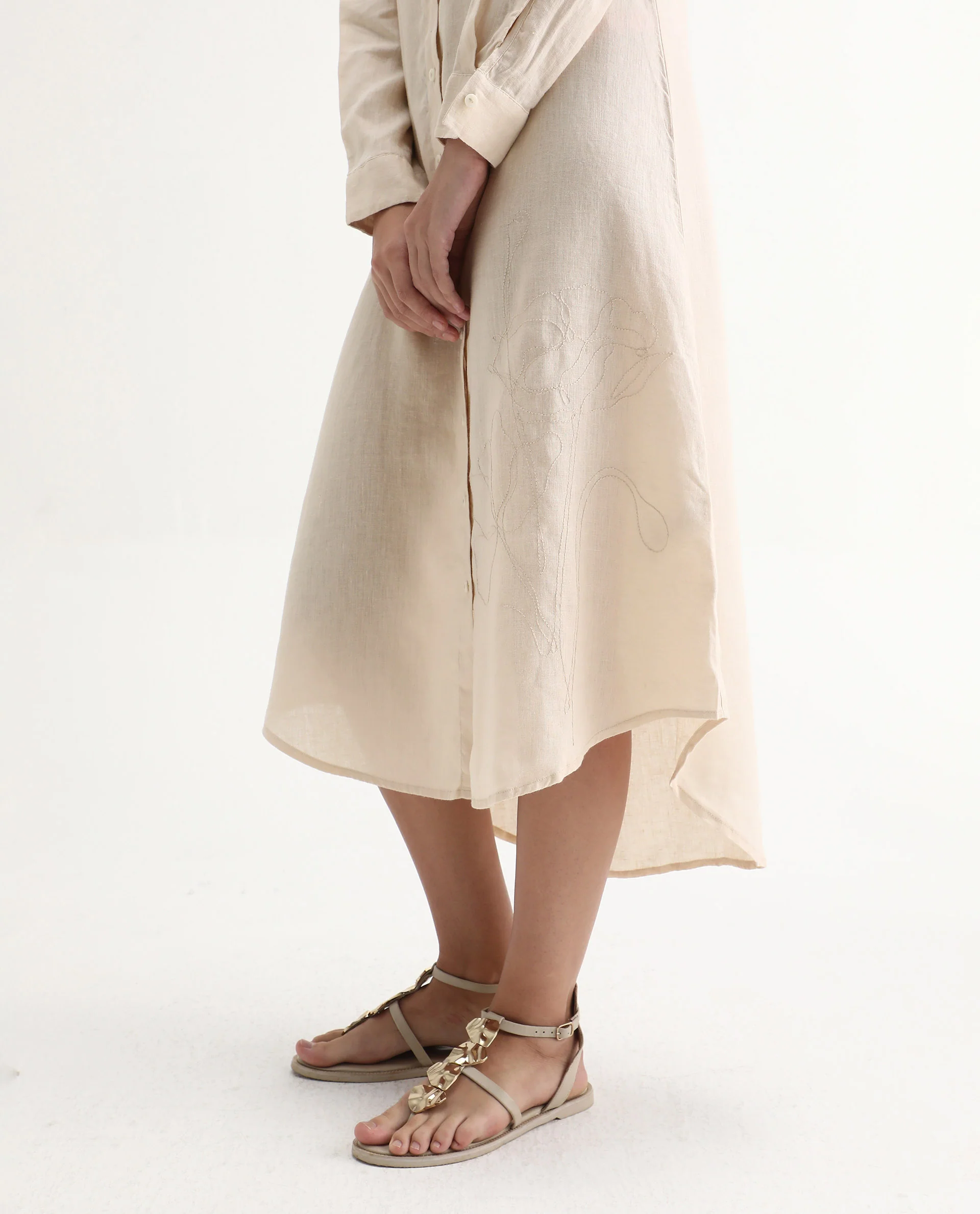 Rareism Women's Peruviano Beige Cotton Blend Drop Collar Plain Cuffed Sleeve Midi A-Line Dress - Image 5