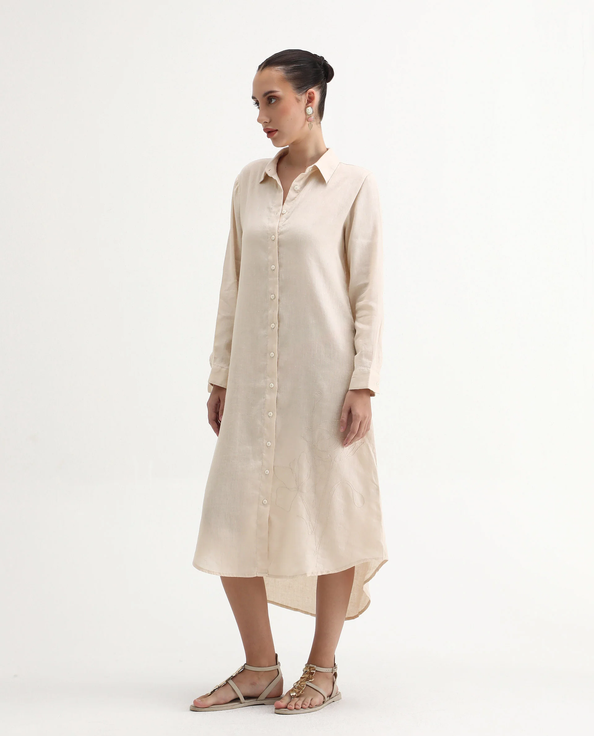 Rareism Women's Peruviano Beige Cotton Blend Drop Collar Plain Cuffed Sleeve Midi A-Line Dress - Image 6