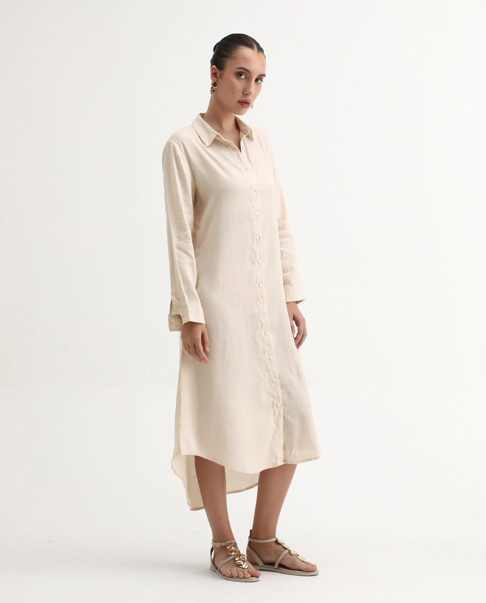 Rareism Women's Peruviano Beige Cotton Blend Drop Collar Plain Cuffed Sleeve Midi A-Line Dress - Image 7