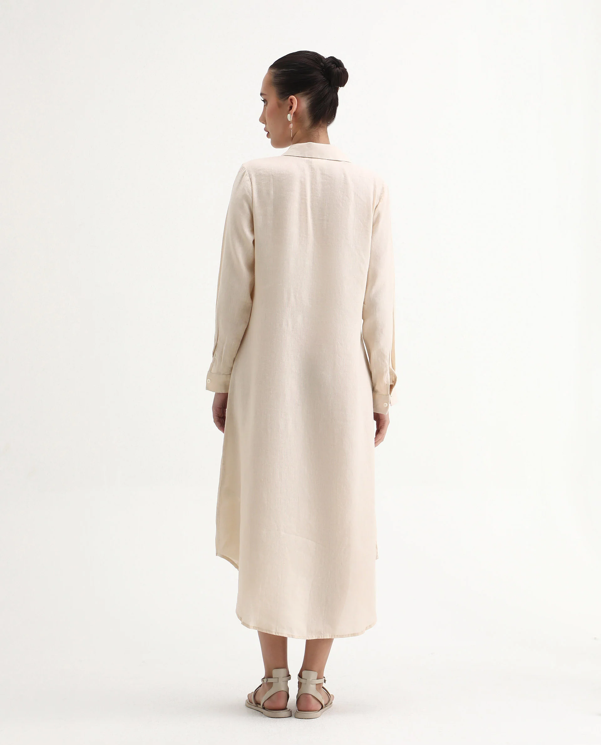 Rareism Women's Peruviano Beige Cotton Blend Drop Collar Plain Cuffed Sleeve Midi A-Line Dress - Image 8