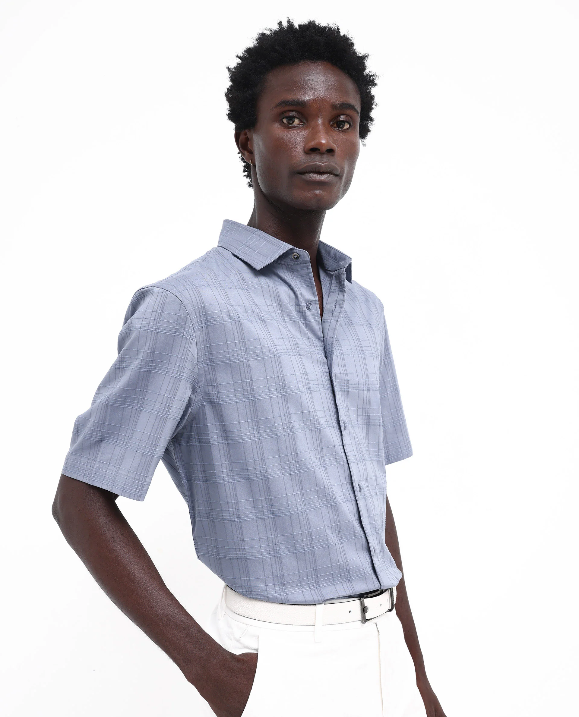 Rare Rabbit Men's Pesca Dusky Blue Cotton Checked Print Regular Fit Half Sleeve Collared Shirt - Image 3