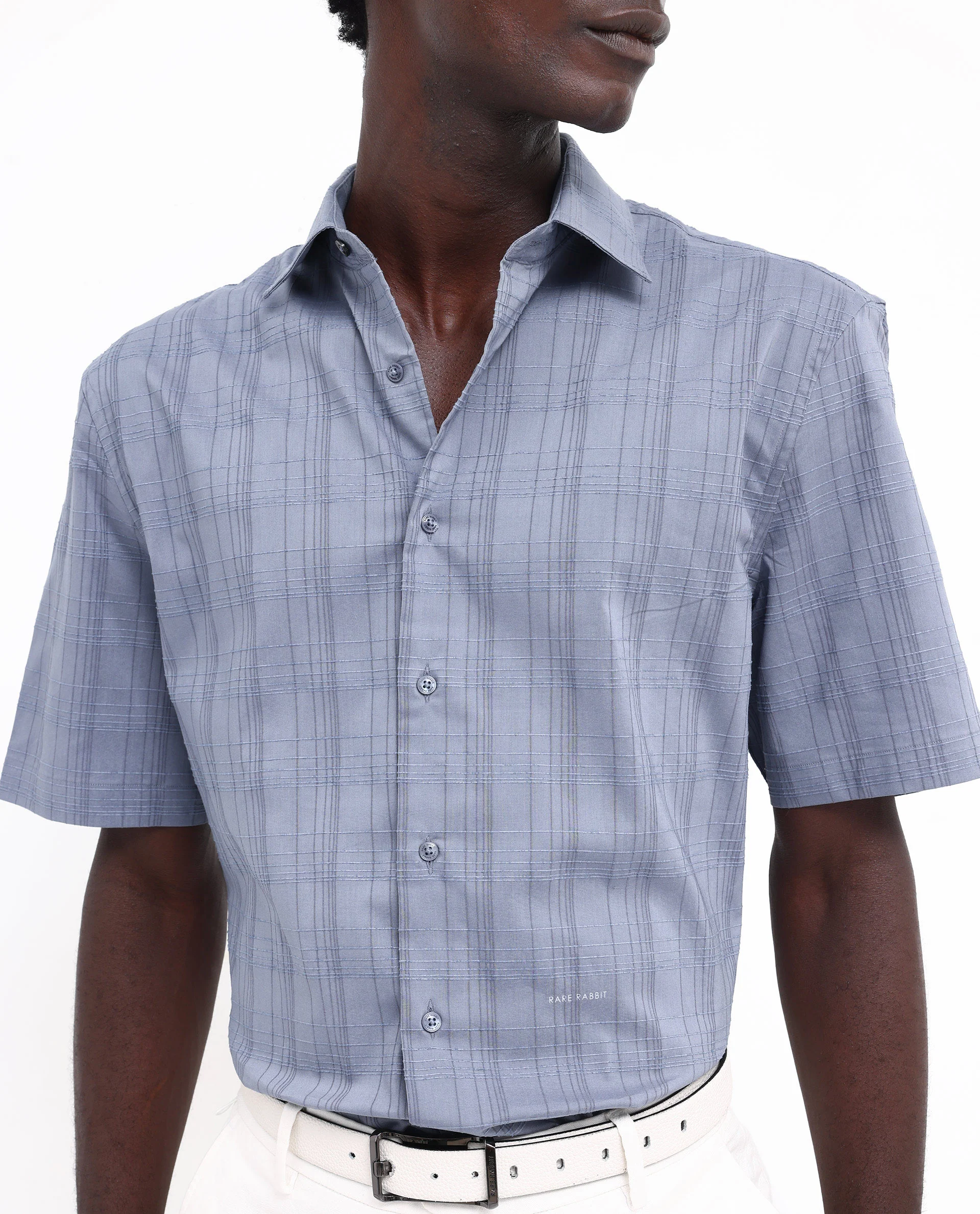 Rare Rabbit Men's Pesca Dusky Blue Cotton Checked Print Regular Fit Half Sleeve Collared Shirt - Image 4