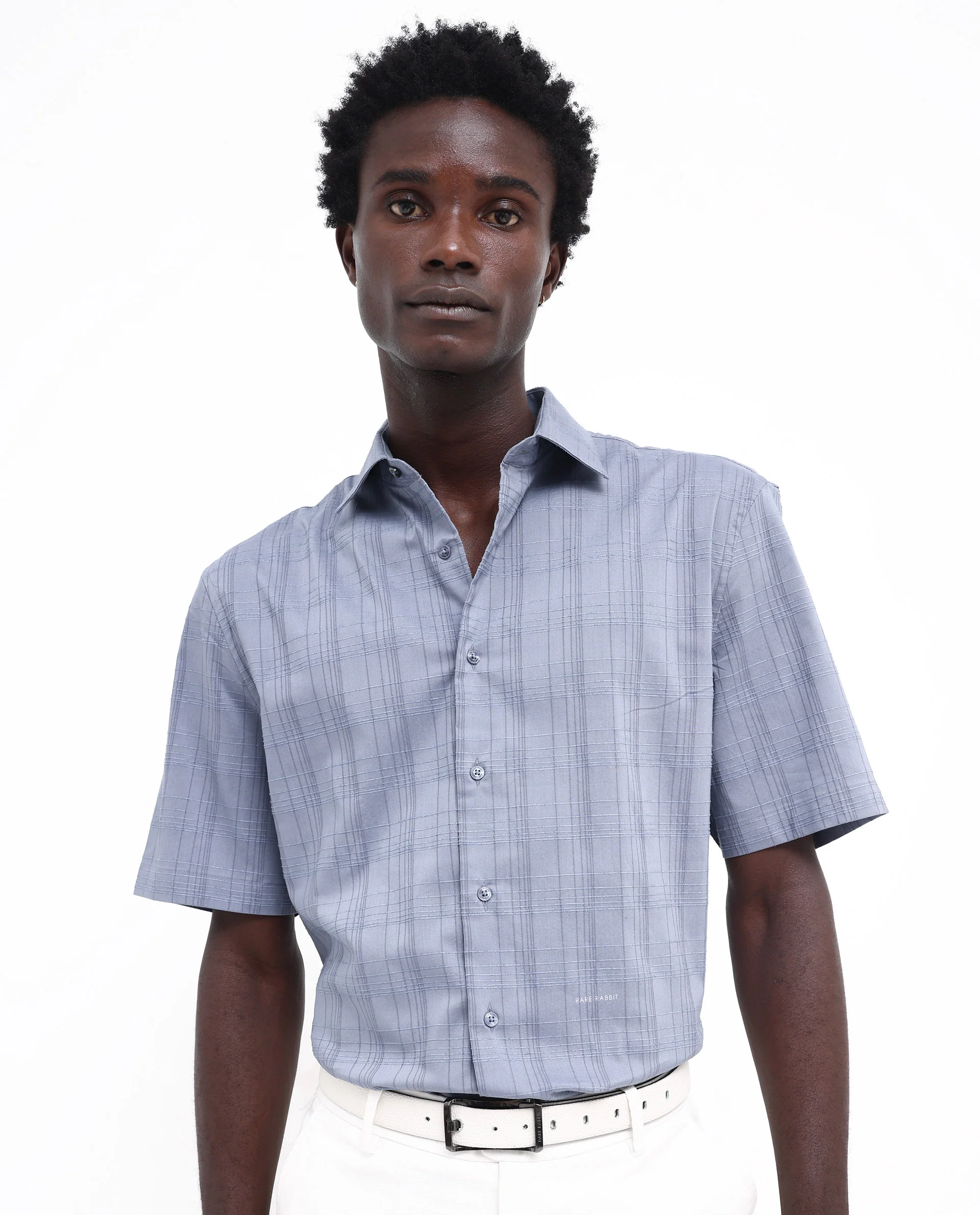Rare Rabbit Men's Pesca Dusky Blue Cotton Checked Print Regular Fit Half Sleeve Collared Shirt - Image 6