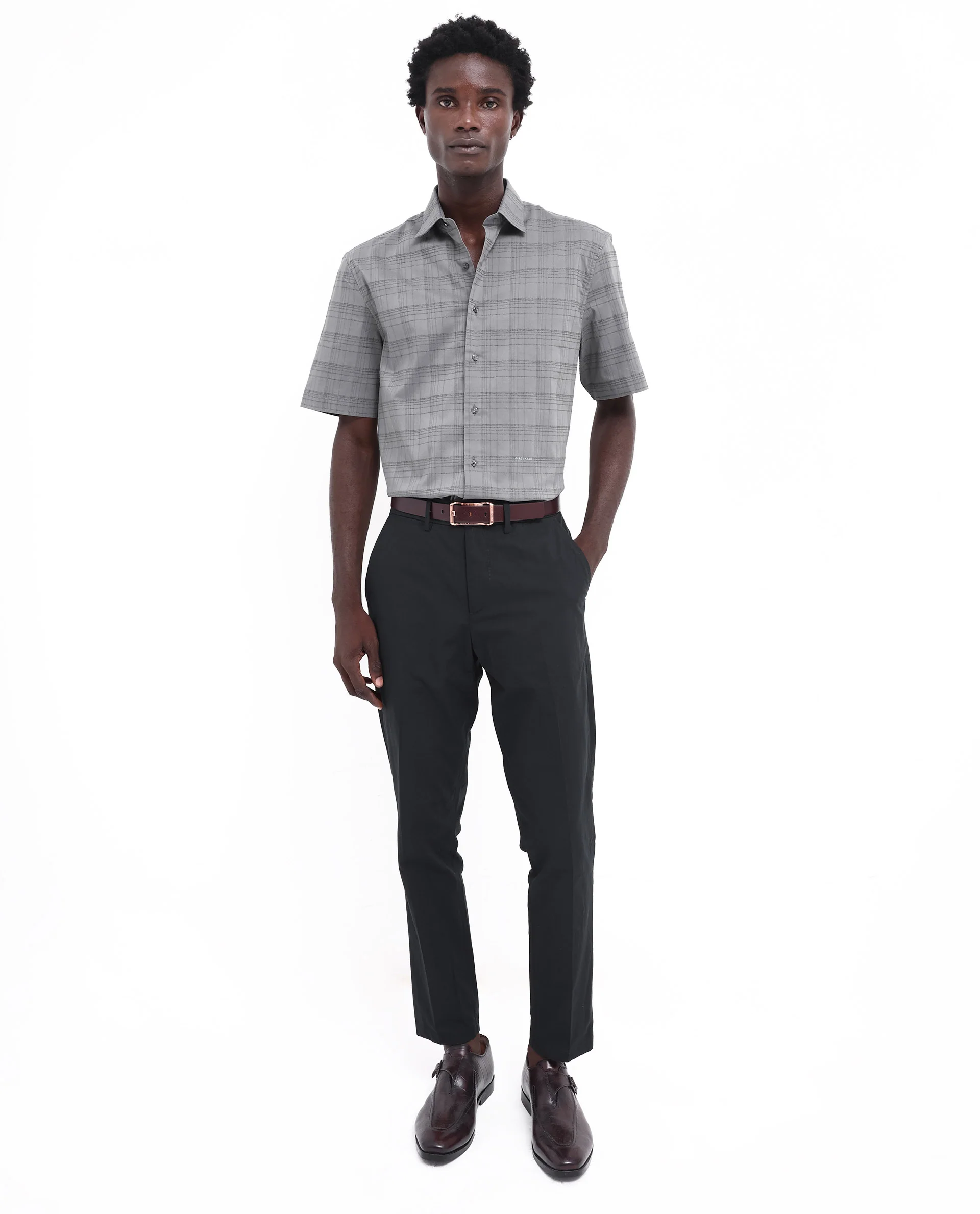 Rare Rabbit Men's Pesca Dusky Grey Cotton Checked Print Regular Fit Half Sleeve Collared Shirt - Image 2