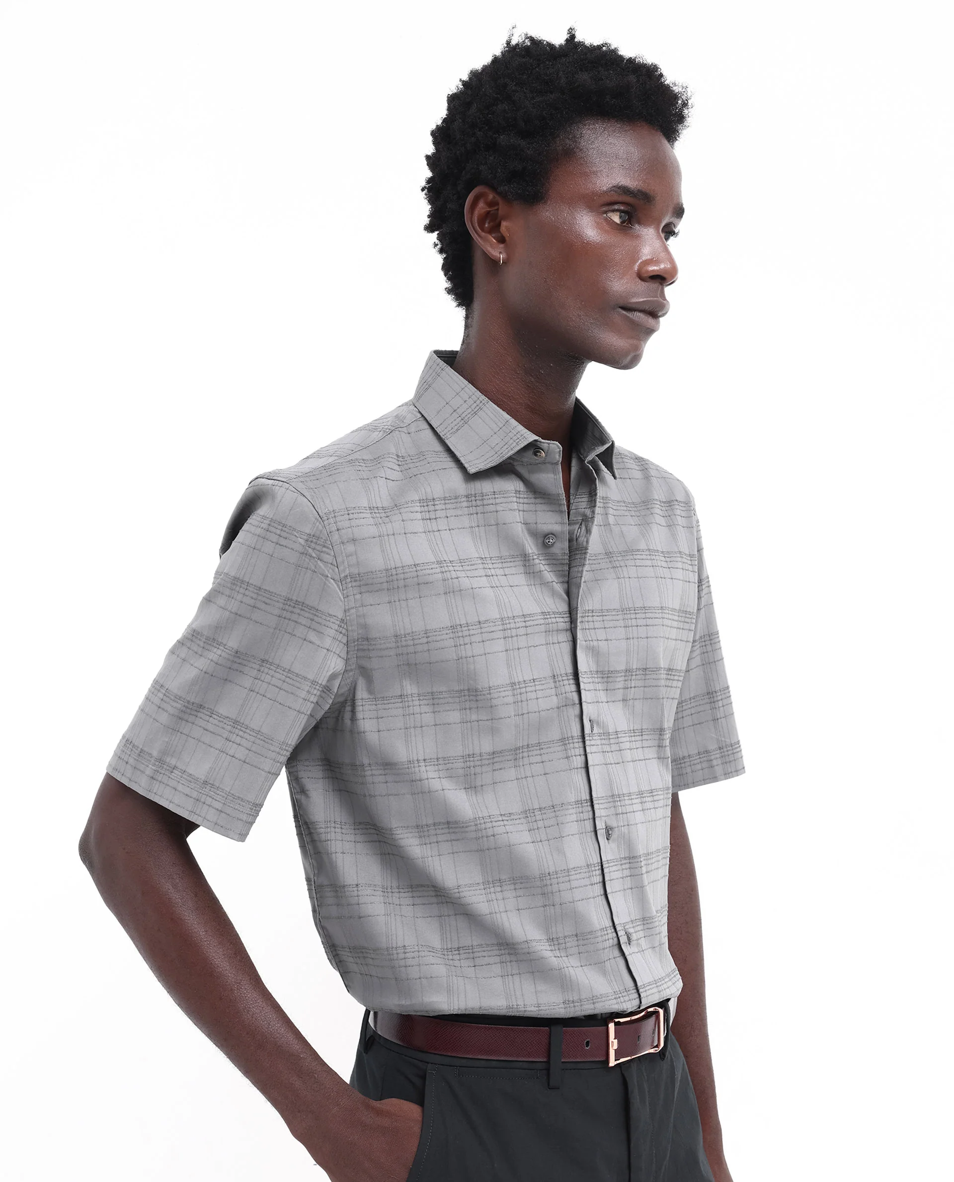 Rare Rabbit Men's Pesca Dusky Grey Cotton Checked Print Regular Fit Half Sleeve Collared Shirt - Image 3
