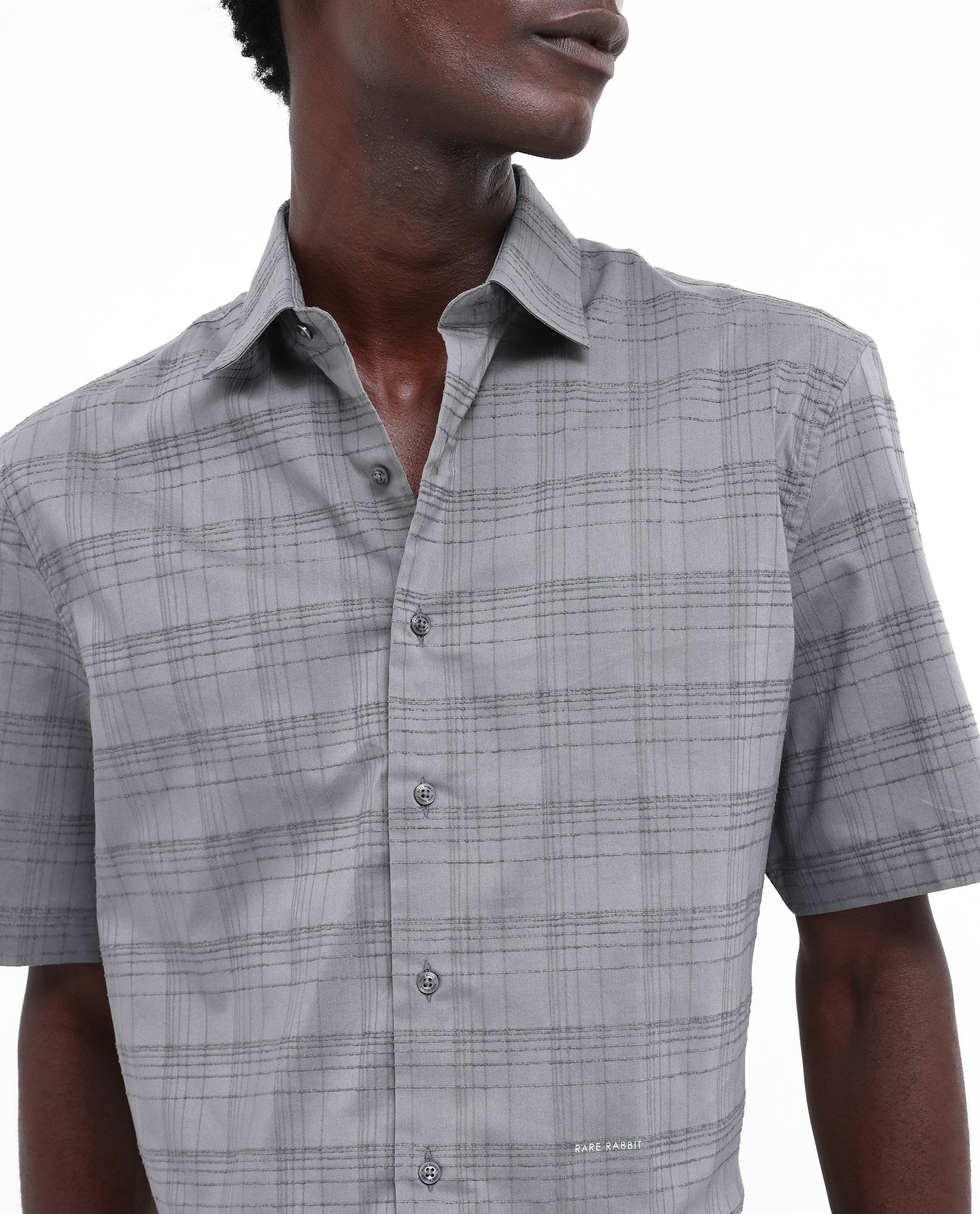 Rare Rabbit Men's Pesca Dusky Grey Cotton Checked Print Regular Fit Half Sleeve Collared Shirt - Image 4