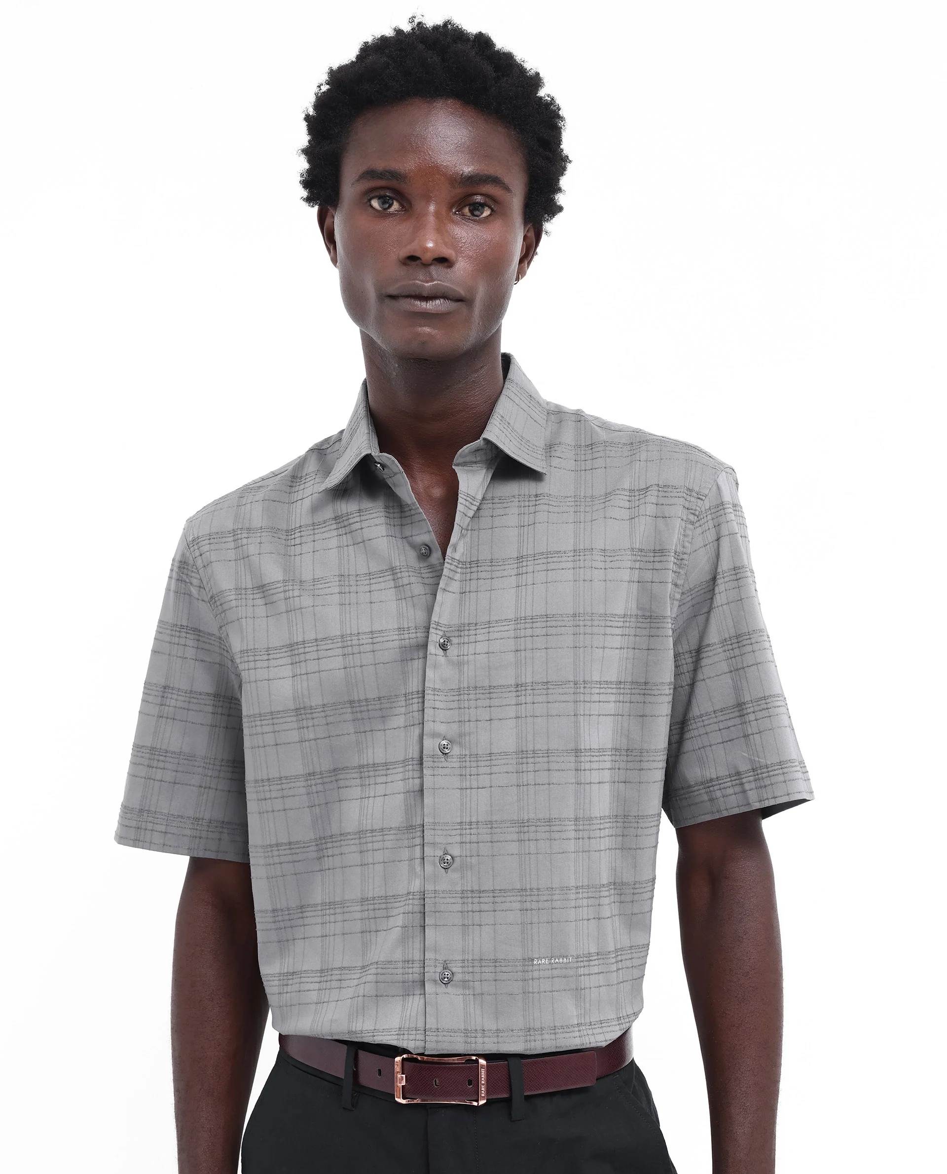 Rare Rabbit Men's Pesca Dusky Grey Cotton Checked Print Regular Fit Half Sleeve Collared Shirt - Image 6