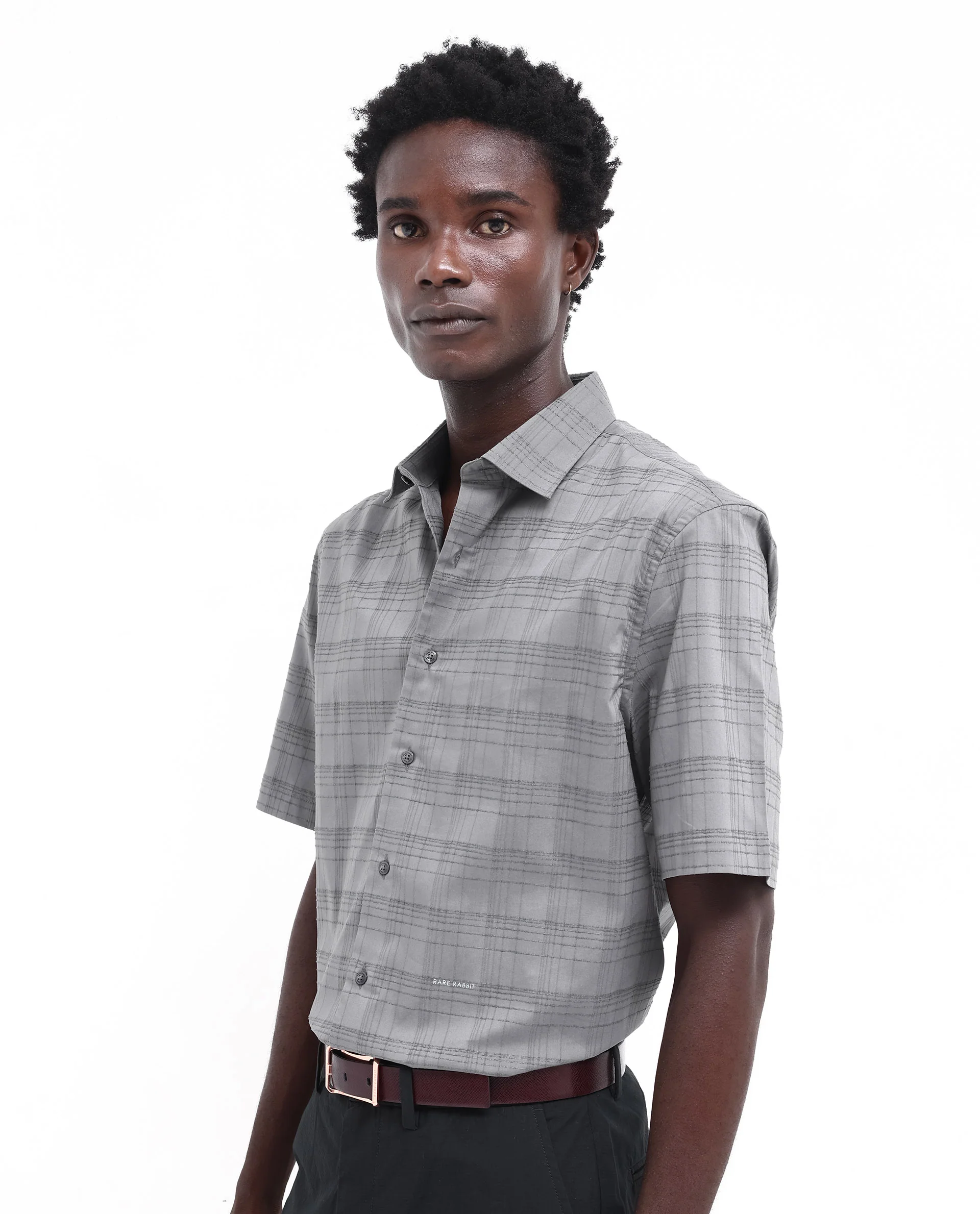 Rare Rabbit Men's Pesca Dusky Grey Cotton Checked Print Regular Fit Half Sleeve Collared Shirt - Image 7