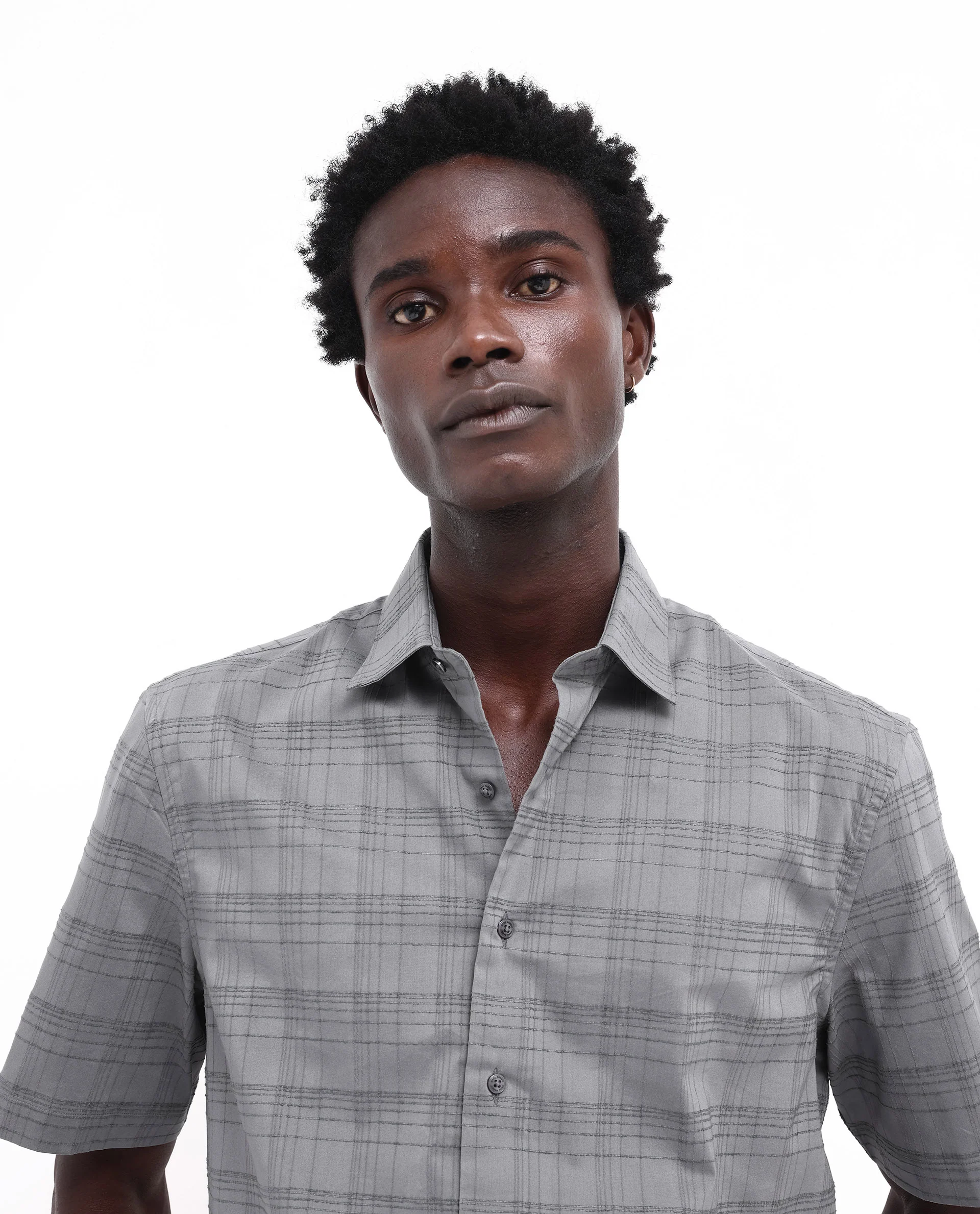 Rare Rabbit Men's Pesca Dusky Grey Cotton Checked Print Regular Fit Half Sleeve Collared Shirt - Image 8