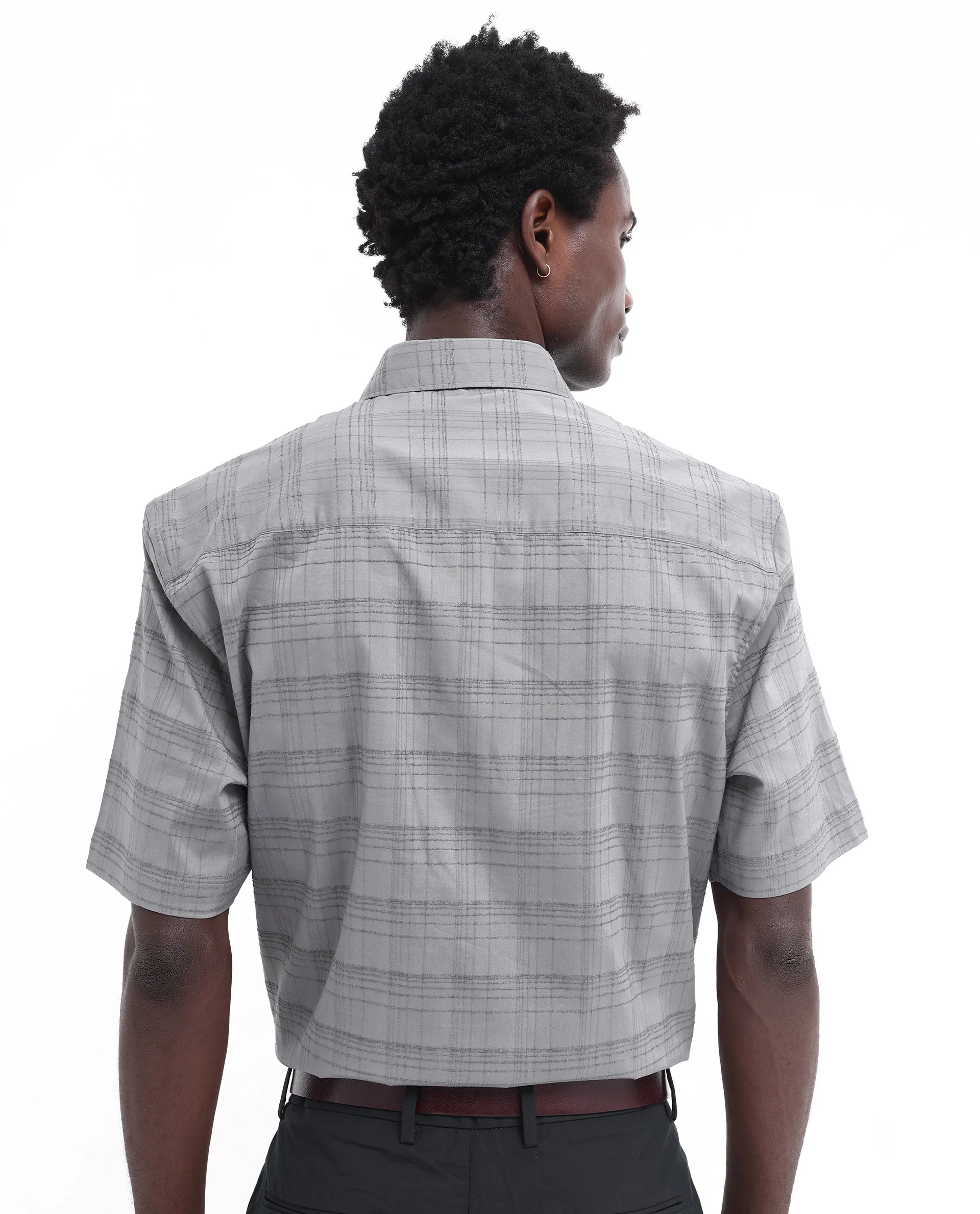 Rare Rabbit Men's Pesca Dusky Grey Cotton Checked Print Regular Fit Half Sleeve Collared Shirt - Image 9