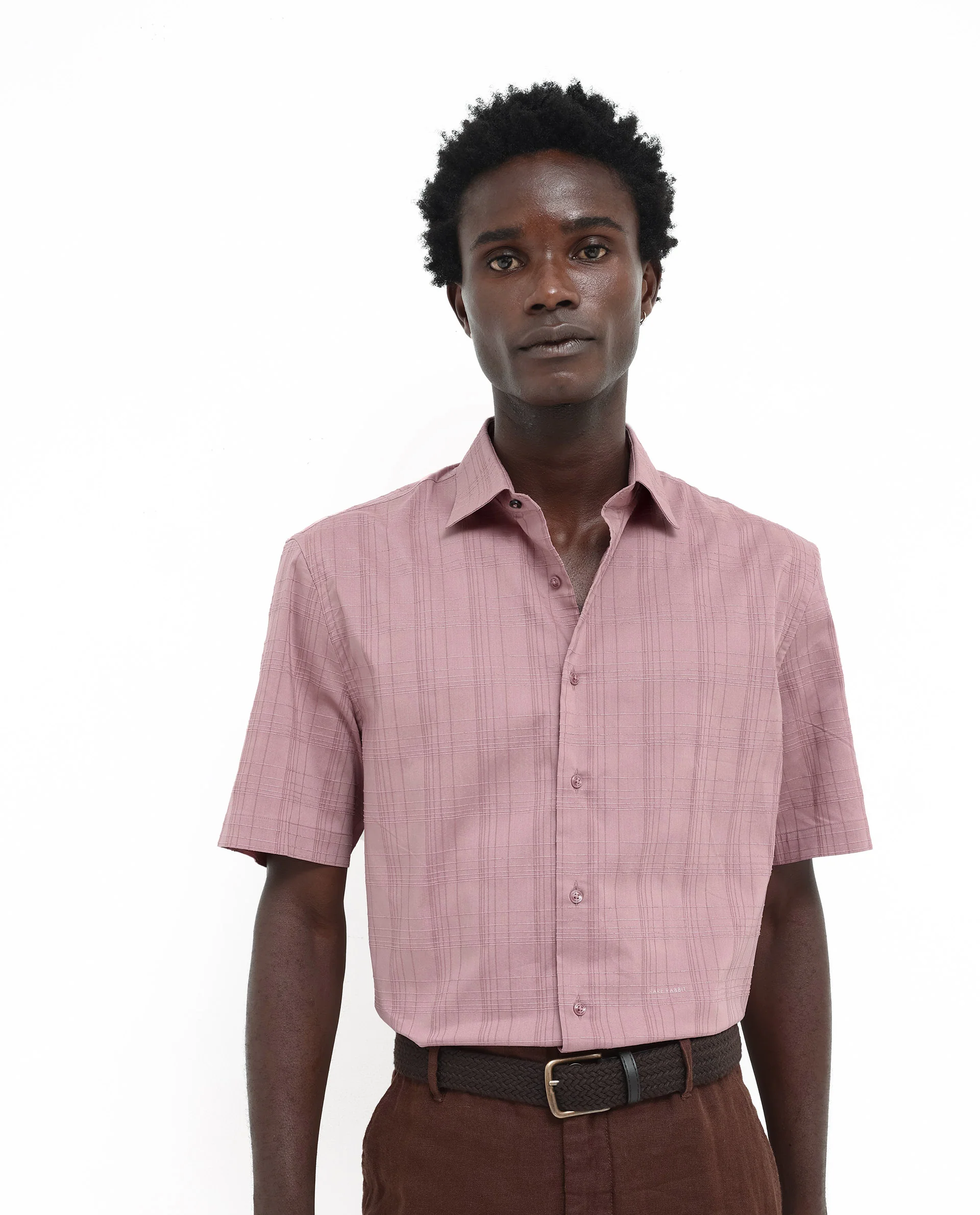Rare Rabbit Men's Pesca Dusky Pink Cotton Checked Print Regular Fit Half Sleeve Spread Collar Shirt - Image 3